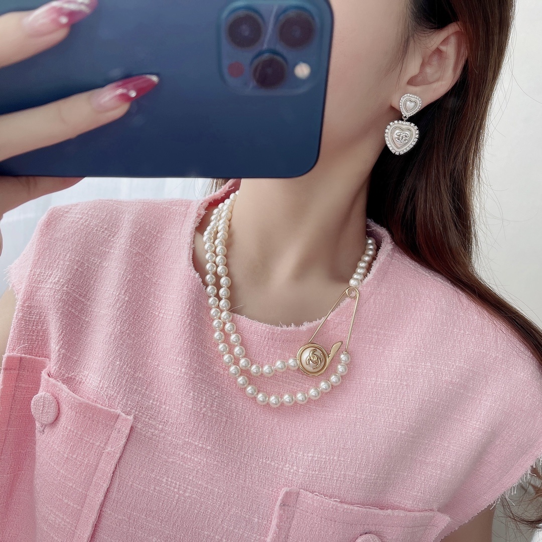 Chanel Double Strand Pearl Necklace with Gold Safety Pin CC Logo