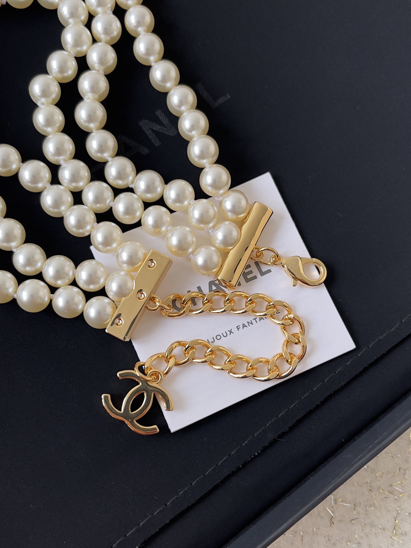 Chanel Triple Strand Pearl Choker Necklace with Gold CC Logo