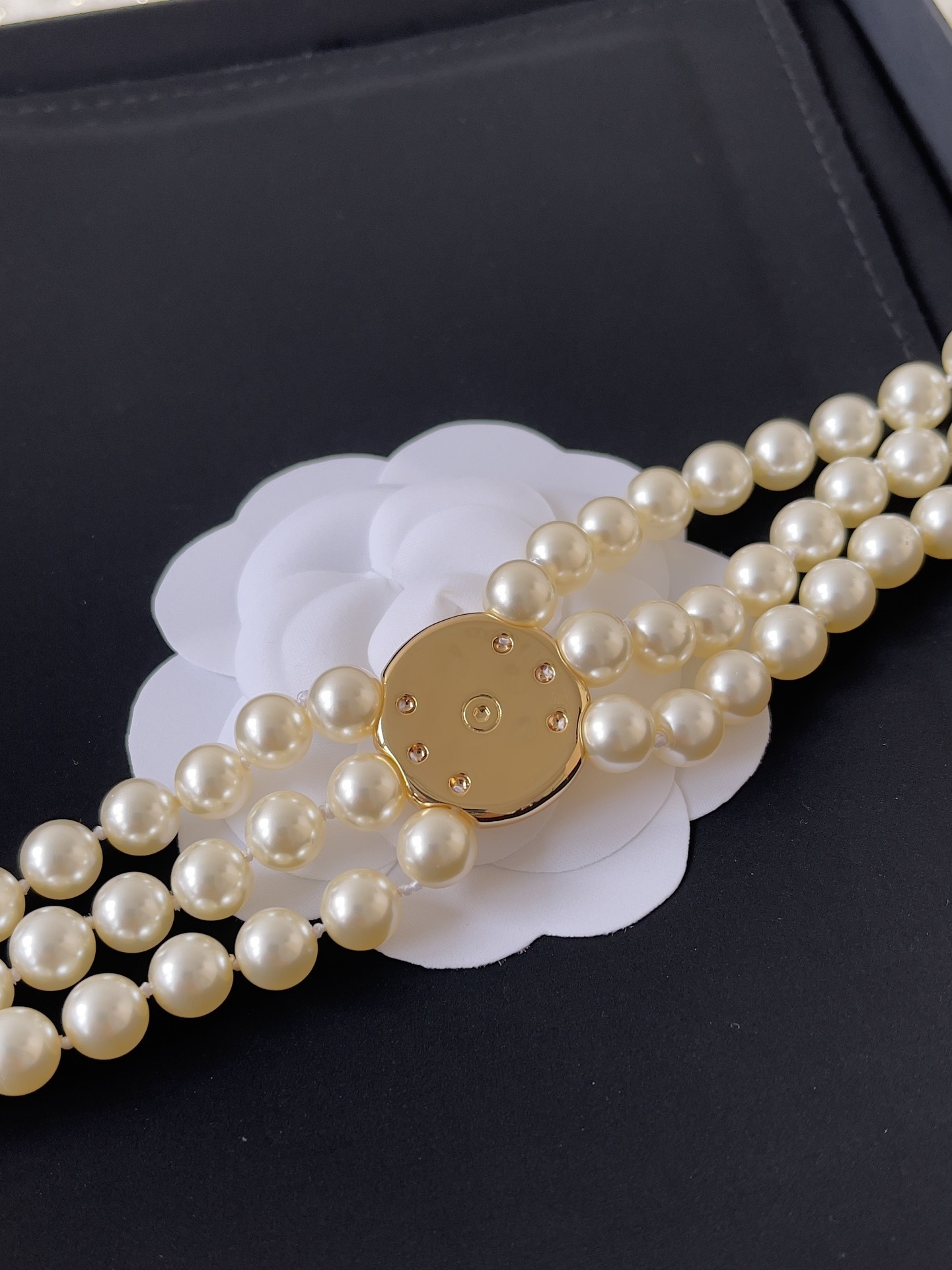 Chanel Triple Strand Pearl Choker Necklace with Gold CC Logo