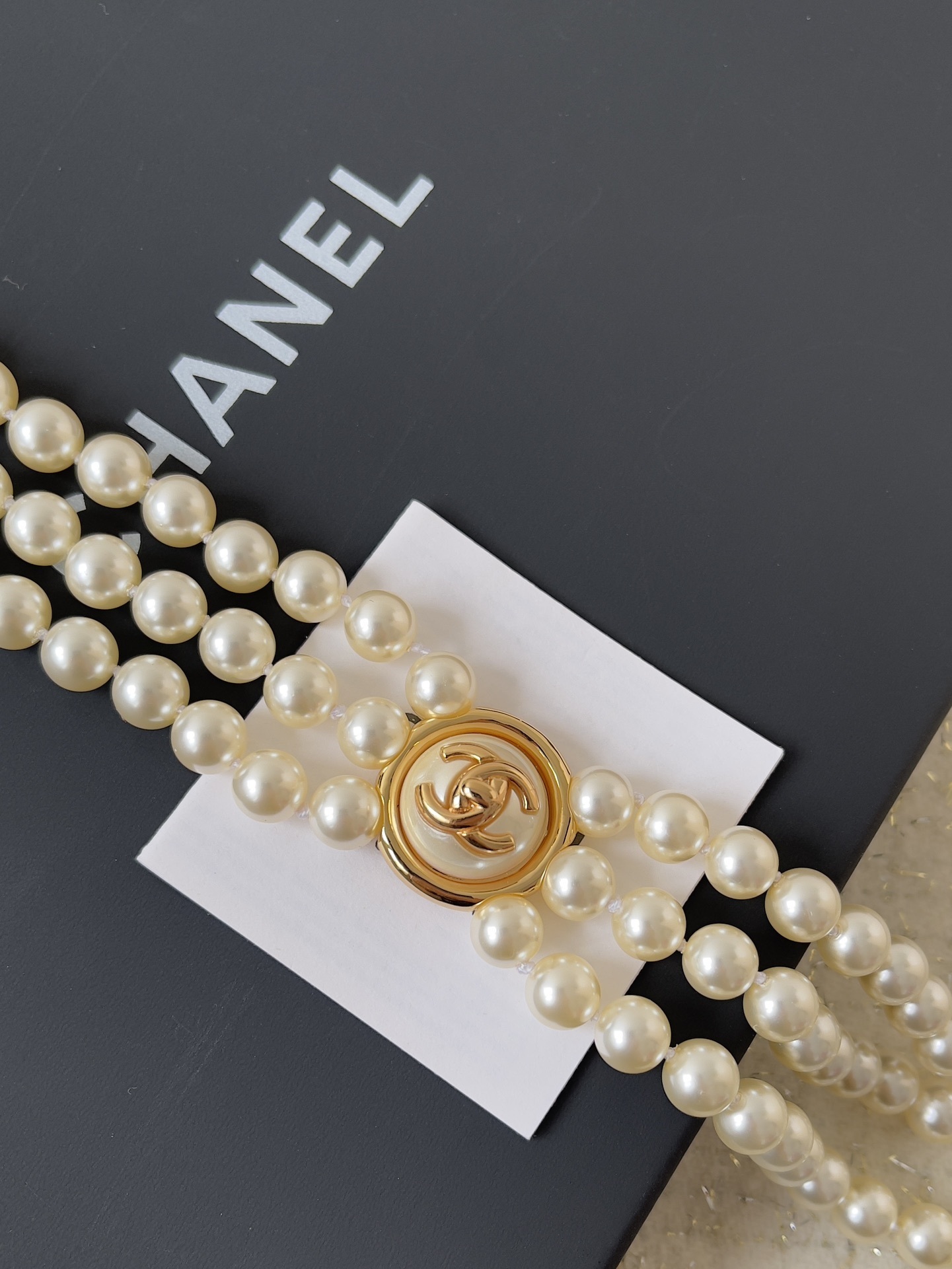 Chanel Triple Strand Pearl Choker Necklace with Gold CC Logo
