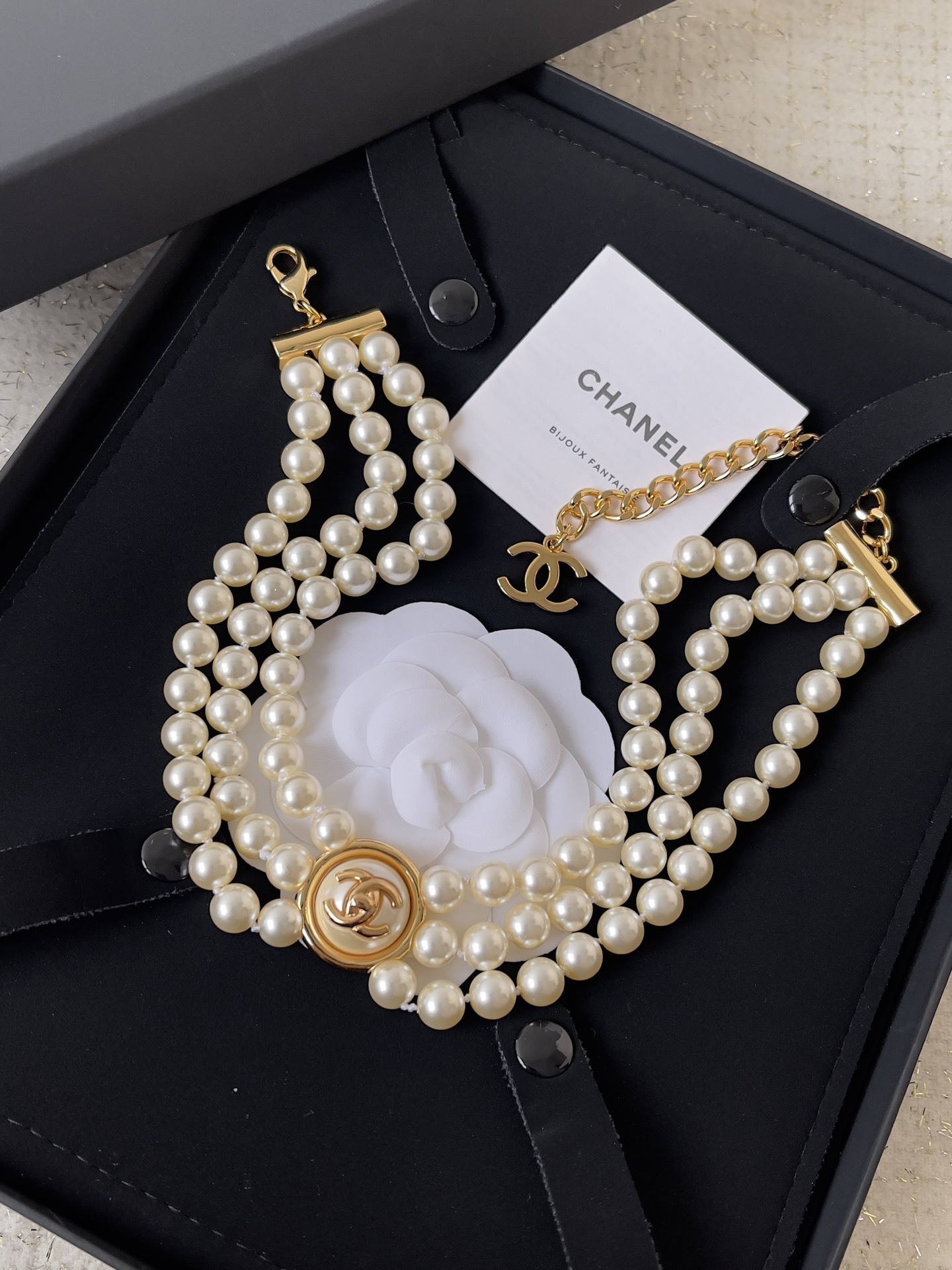 Chanel Triple Strand Pearl Choker Necklace with Gold CC Logo