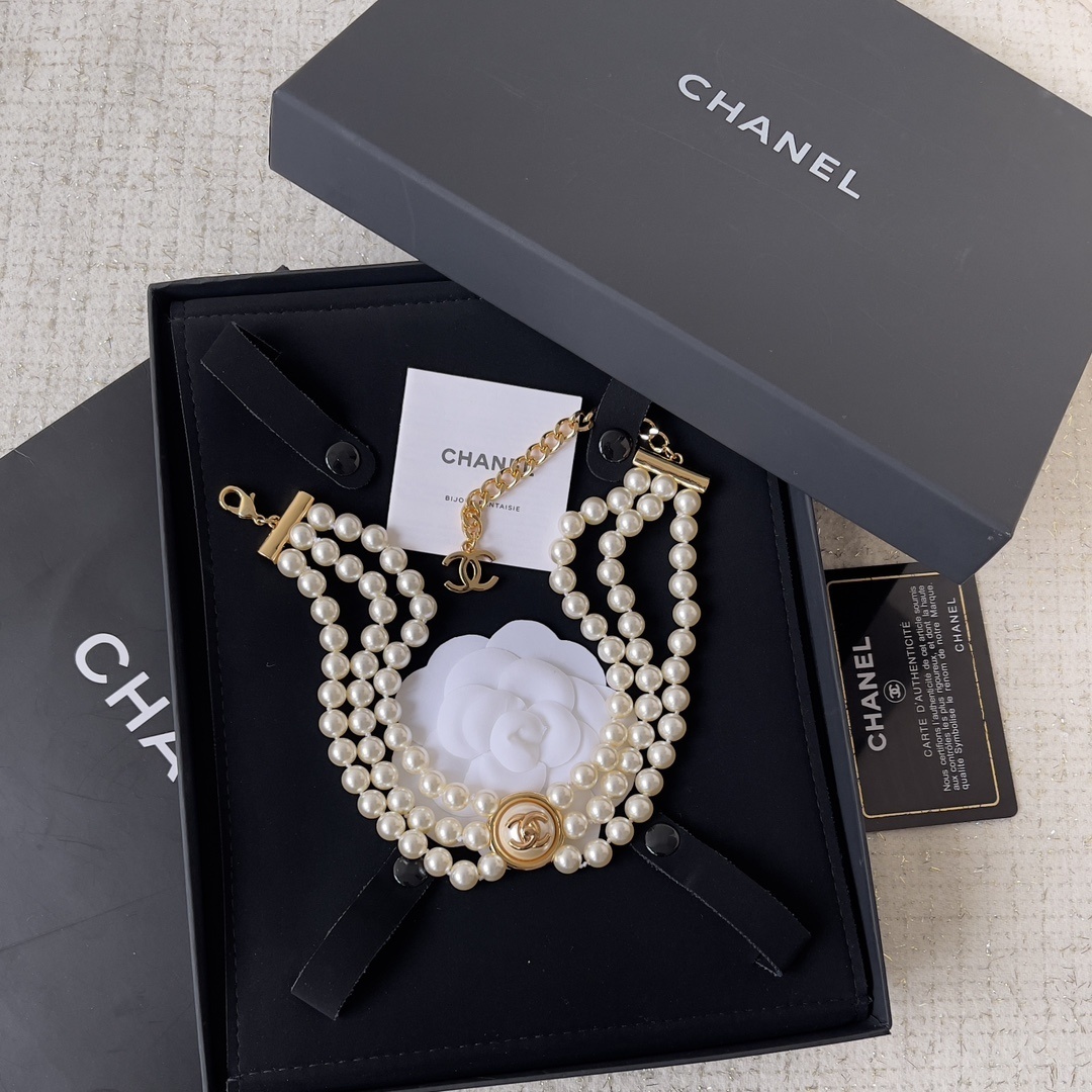 Chanel Triple Strand Pearl Choker Necklace with Gold CC Logo