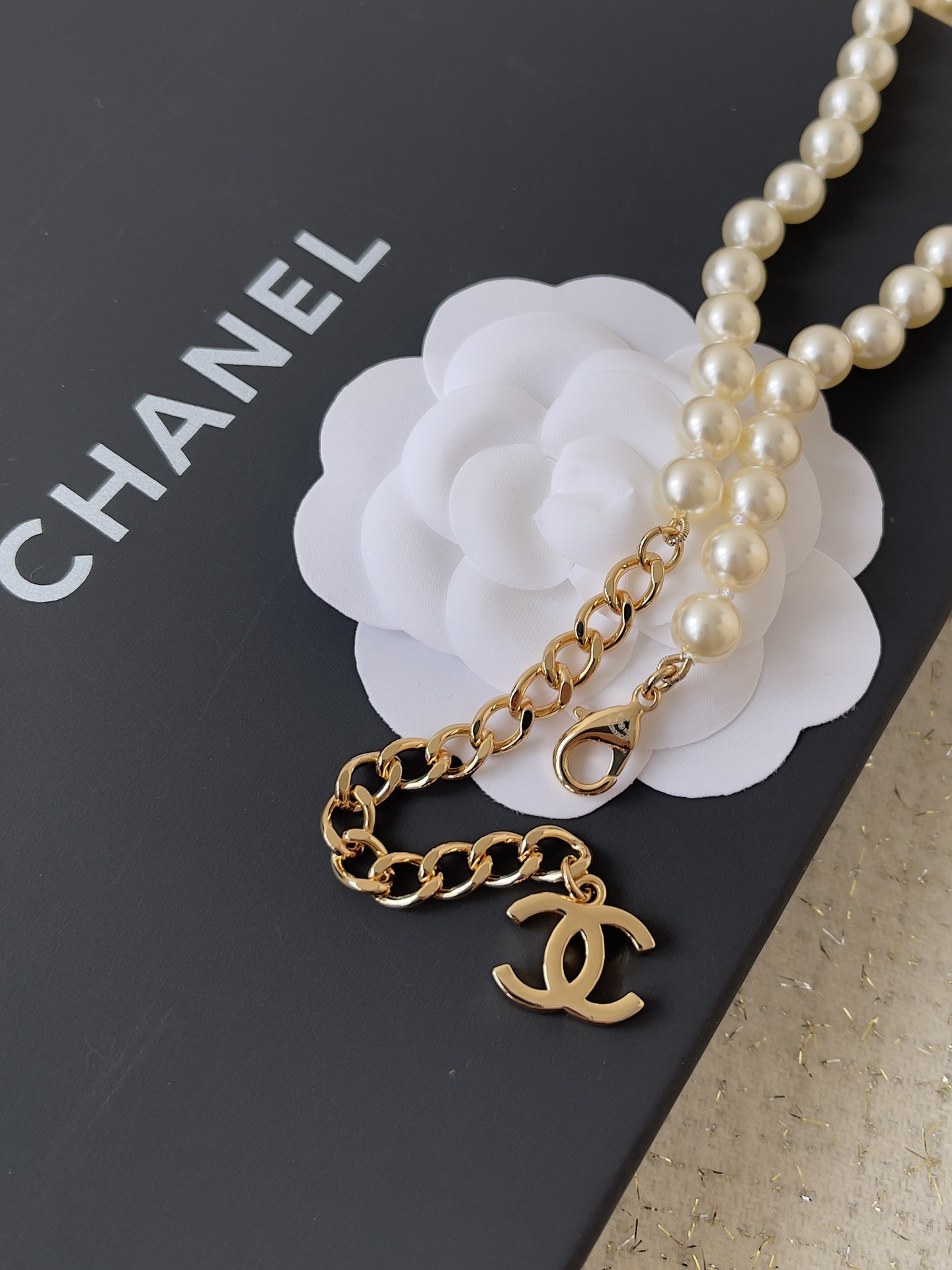 Chanel Pearl Choker Necklace with Gold-Tone CC Logo Medallion