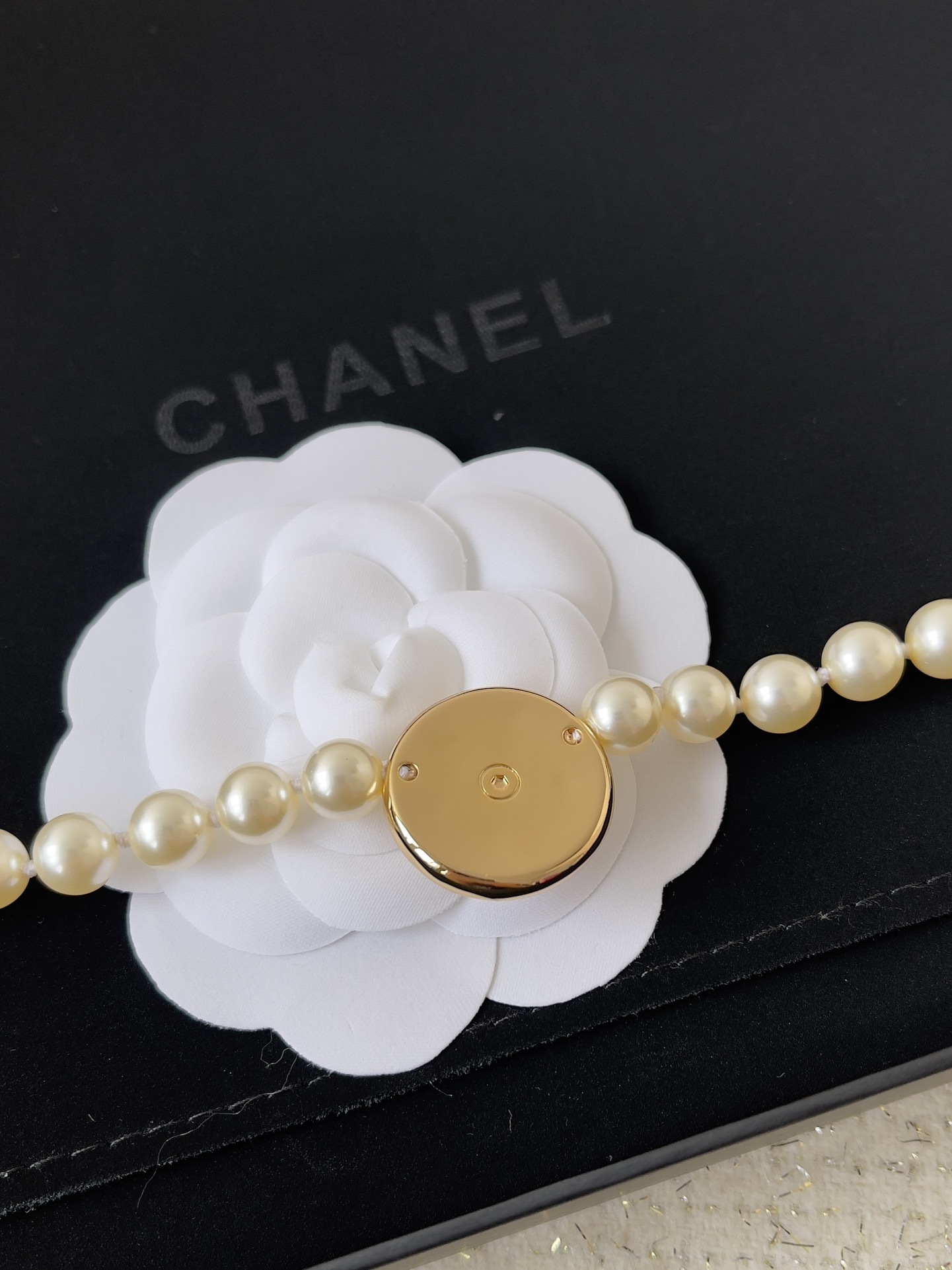 Chanel Pearl Choker Necklace with Gold-Tone CC Logo Medallion