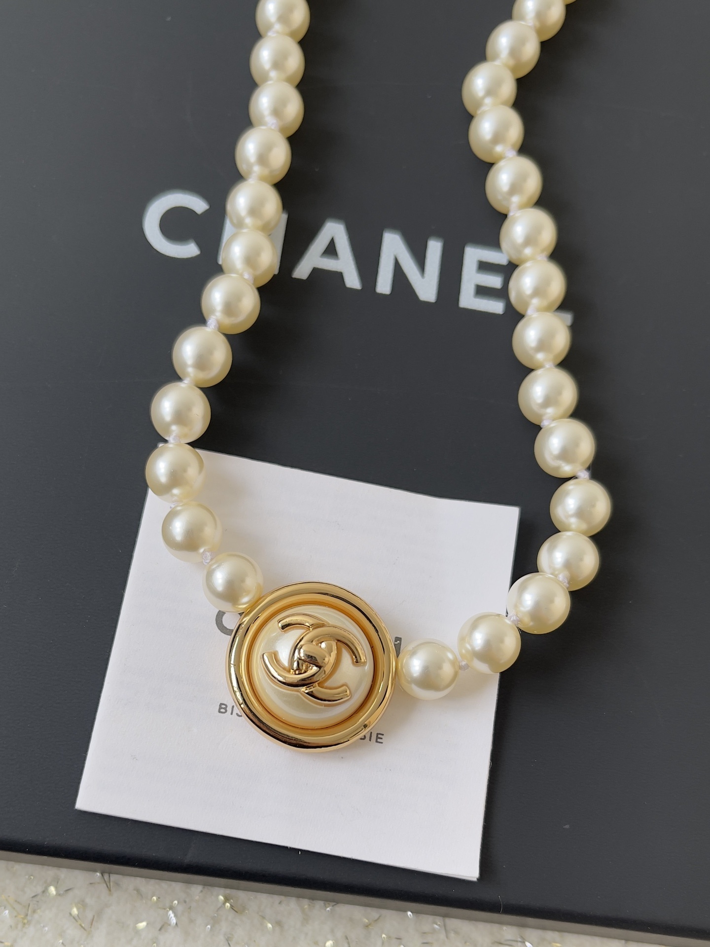 Chanel Pearl Choker Necklace with Gold-Tone CC Logo Medallion