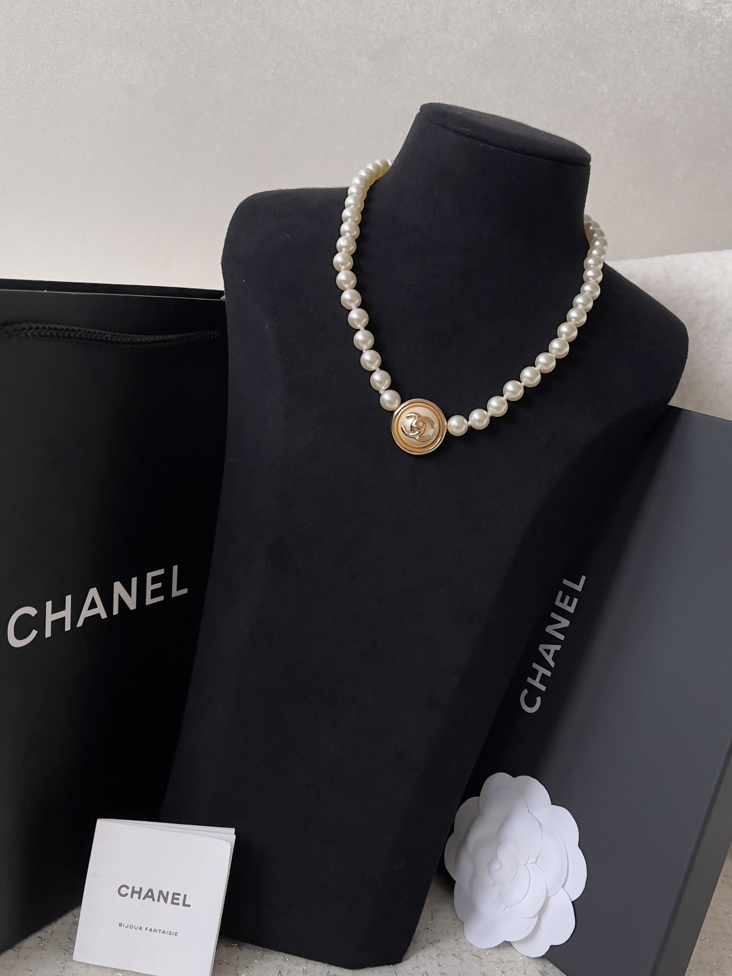Chanel Pearl Choker Necklace with Gold-Tone CC Logo Medallion