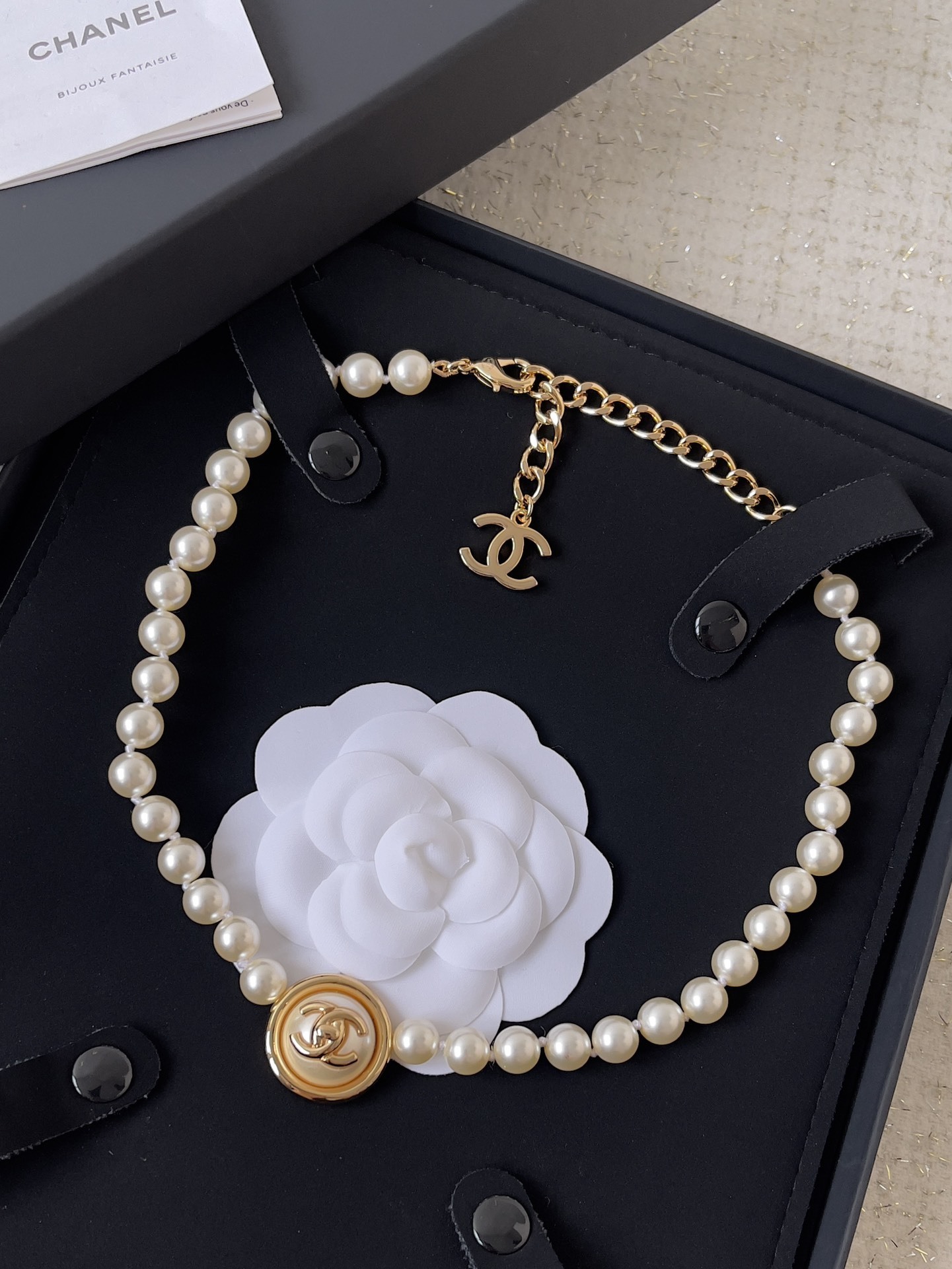 Chanel Pearl Choker Necklace with Gold-Tone CC Logo Medallion
