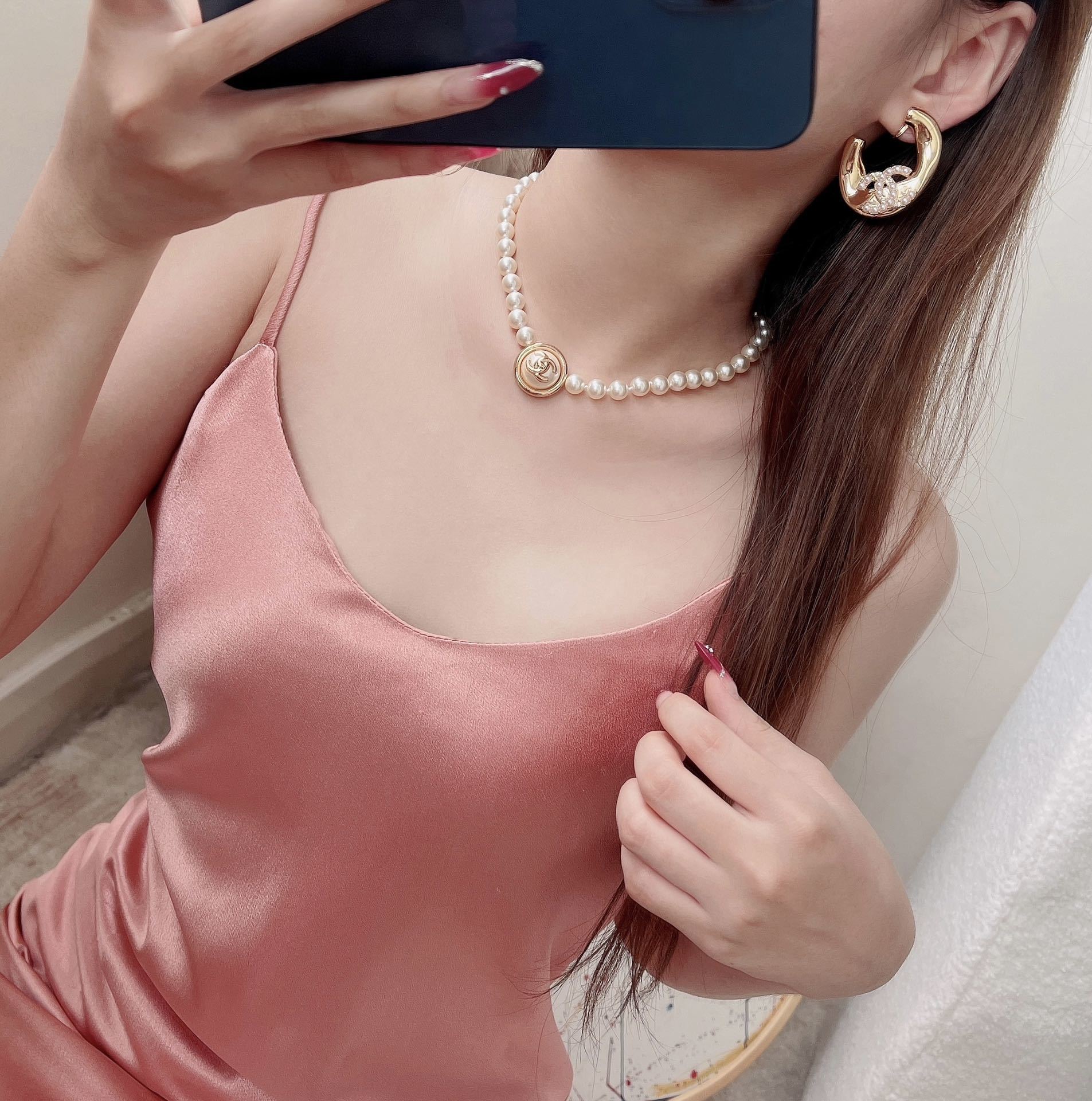 Chanel Pearl Choker Necklace with Gold-Tone CC Logo Medallion