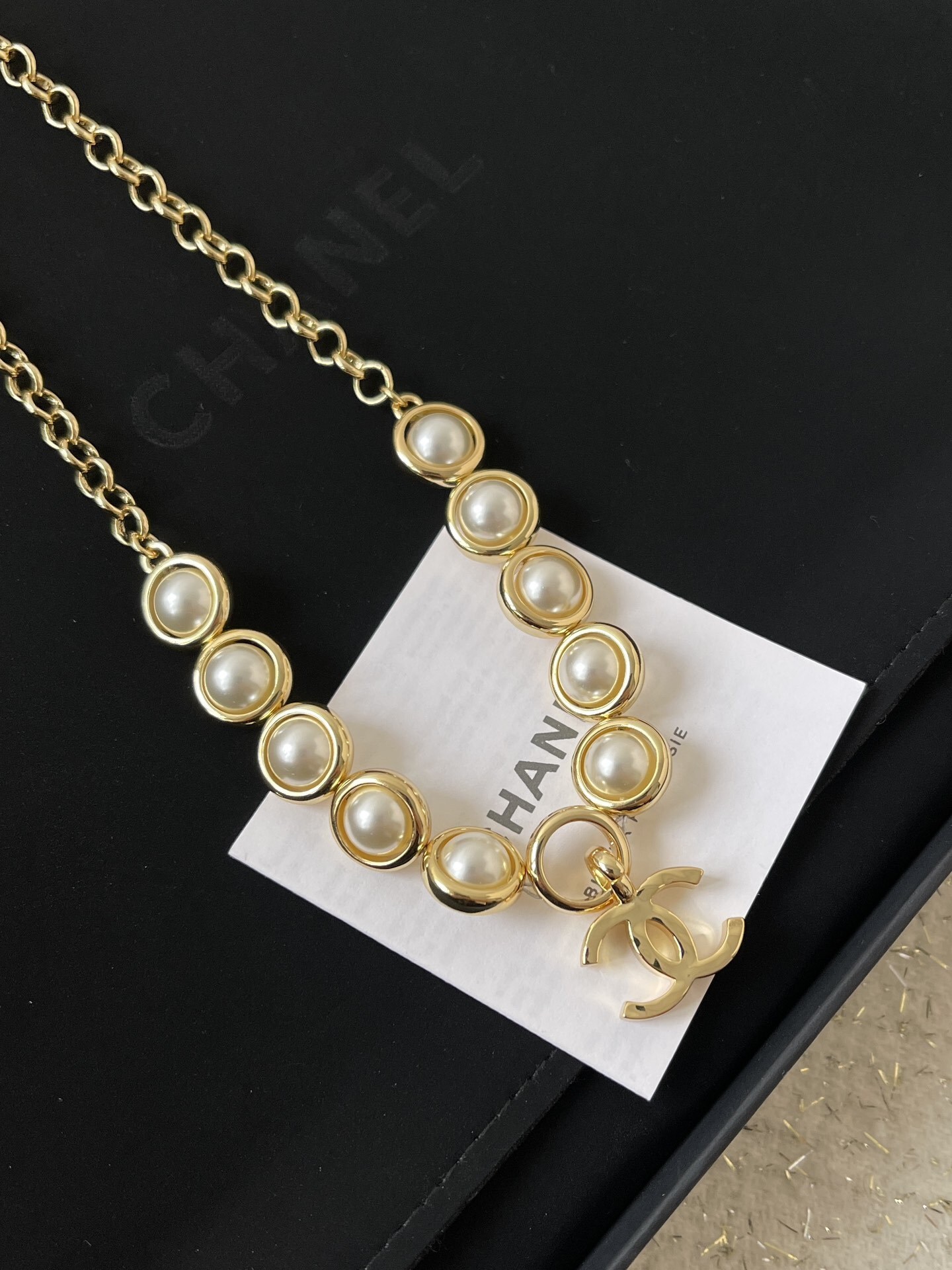 Elegant Gold-Tone Pearl Necklace with Double C Logo Pendant