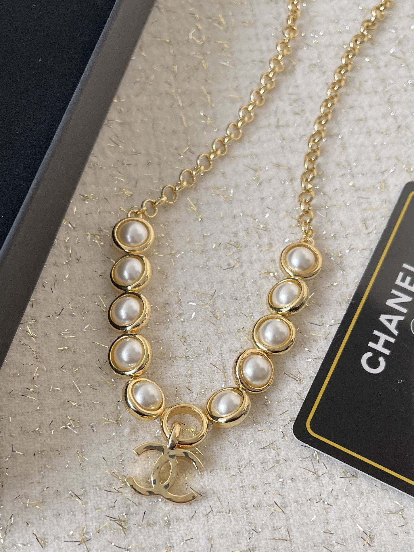 Elegant Gold-Tone Pearl Necklace with Double C Logo Pendant