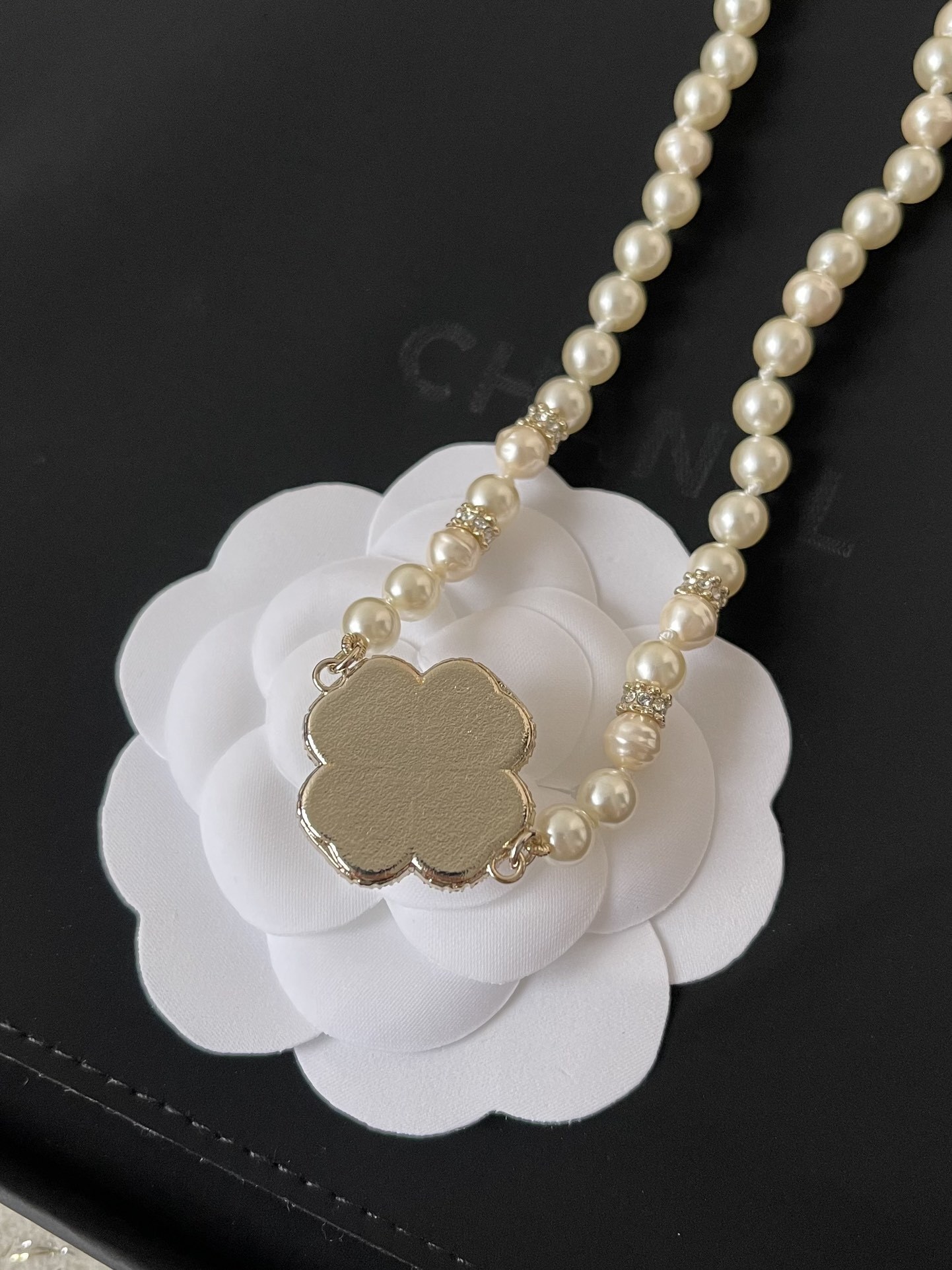 Luxury Chanel Pearl Necklace with Crystal Clover Flower Pendant