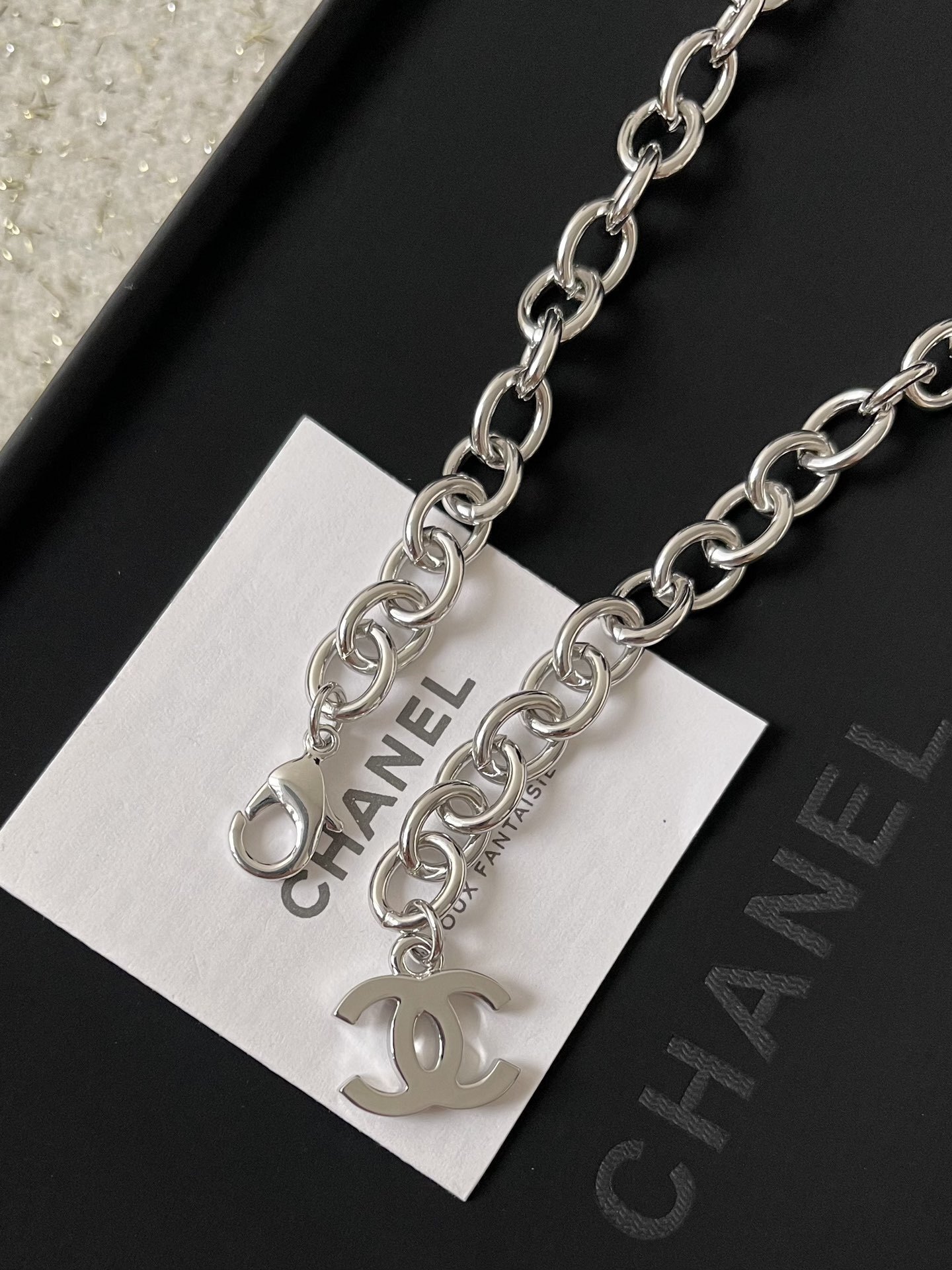 Chanel Cruise 2024/25 Silver Metal & Crystal CC Logo Chain Necklace