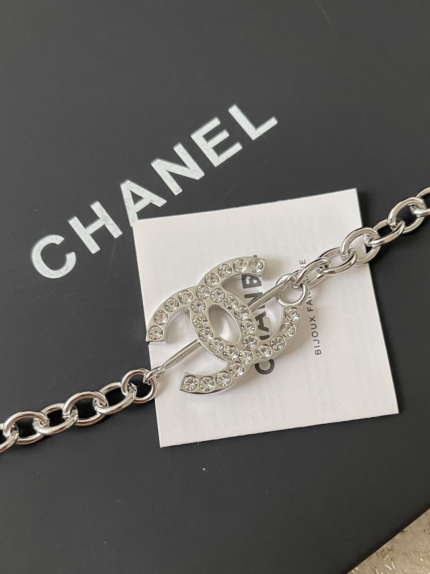 Chanel Cruise 2024/25 Silver Metal & Crystal CC Logo Chain Necklace