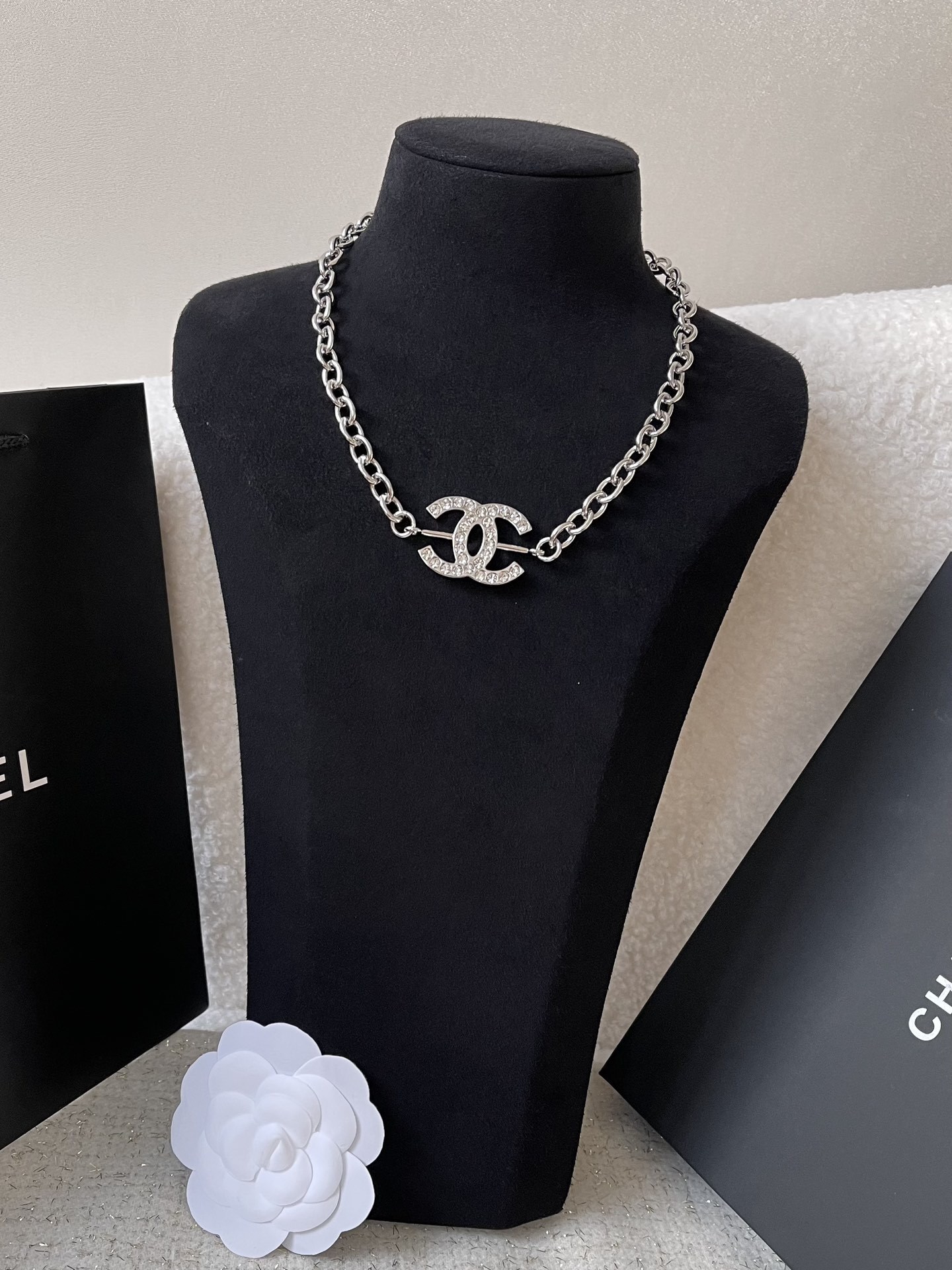 Chanel Cruise 2024/25 Silver Metal & Crystal CC Logo Chain Necklace