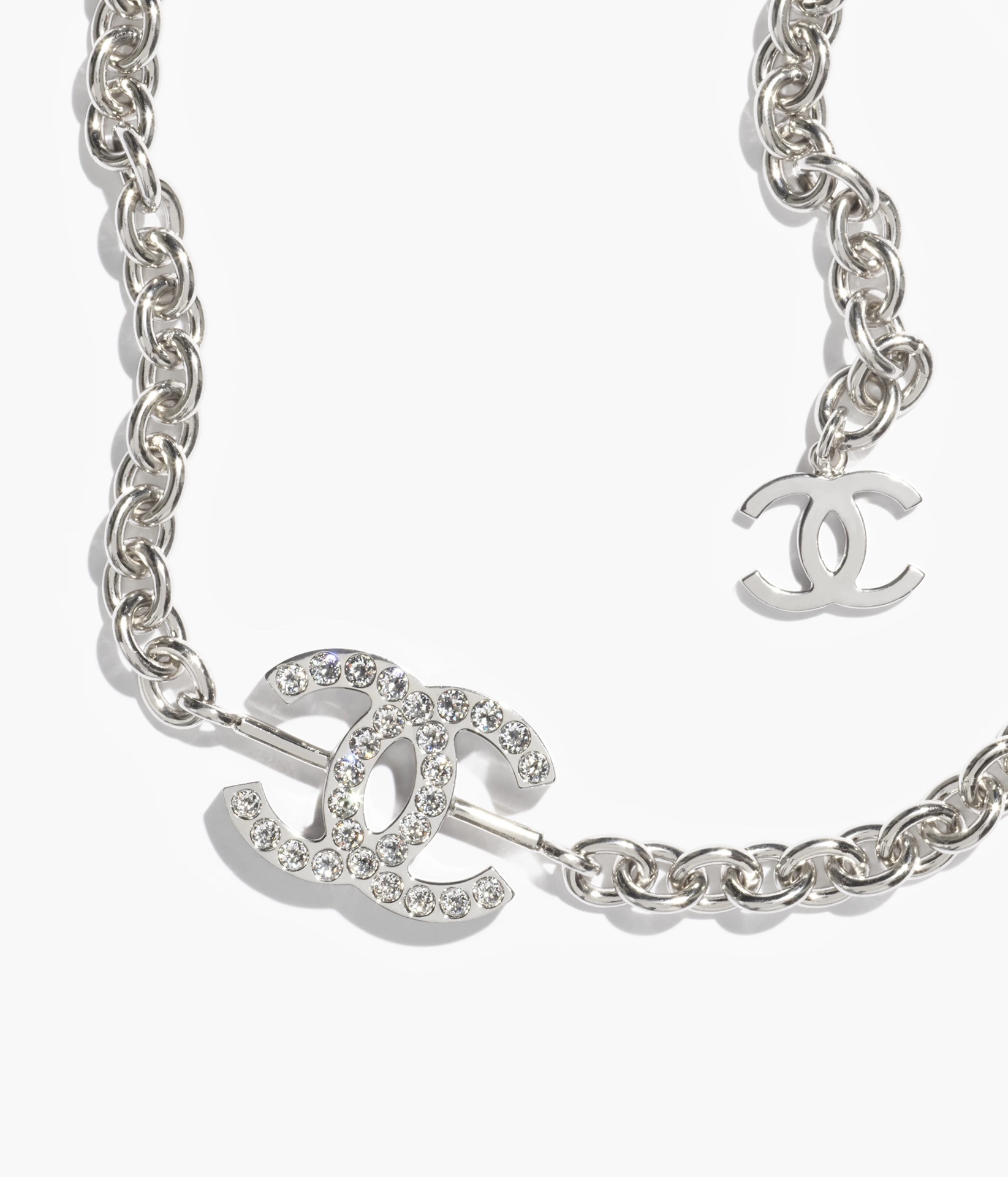 Chanel Cruise 2024/25 Silver Metal & Crystal CC Logo Chain Necklace