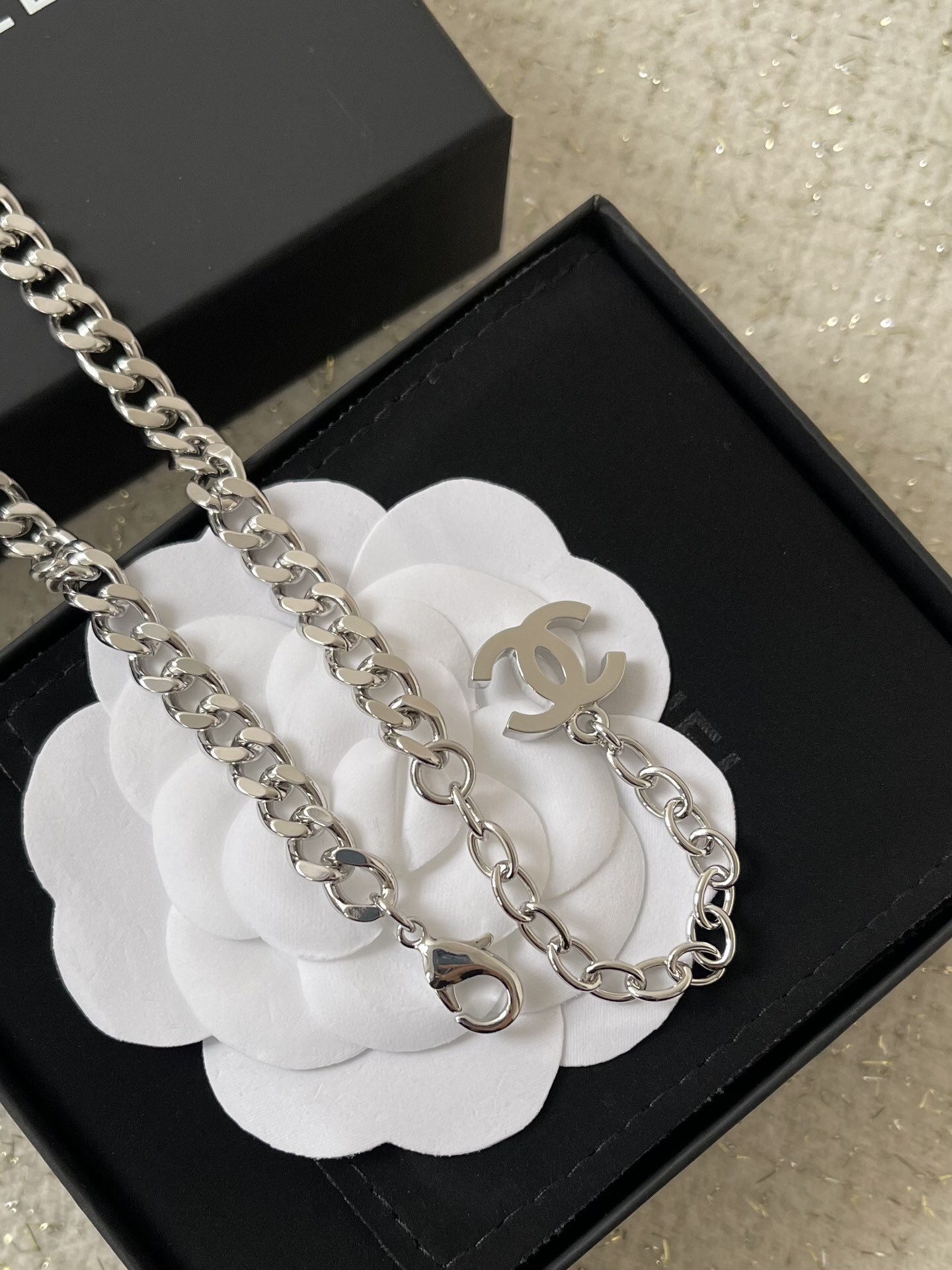 Luxury Silver Curb Chain Choker with Square Crystal Logo Pendant