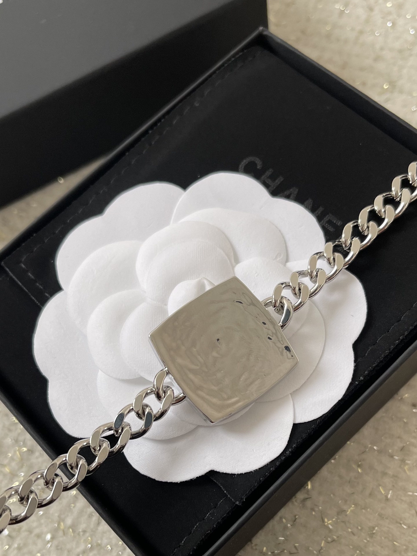 Luxury Silver Curb Chain Choker with Square Crystal Logo Pendant
