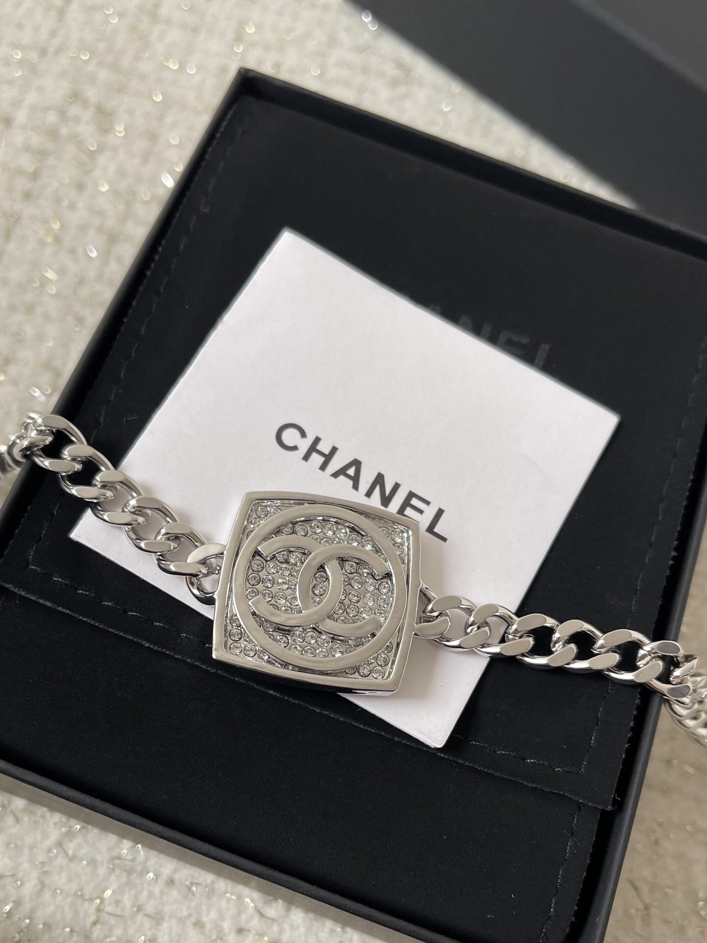 Luxury Silver Curb Chain Choker with Square Crystal Logo Pendant