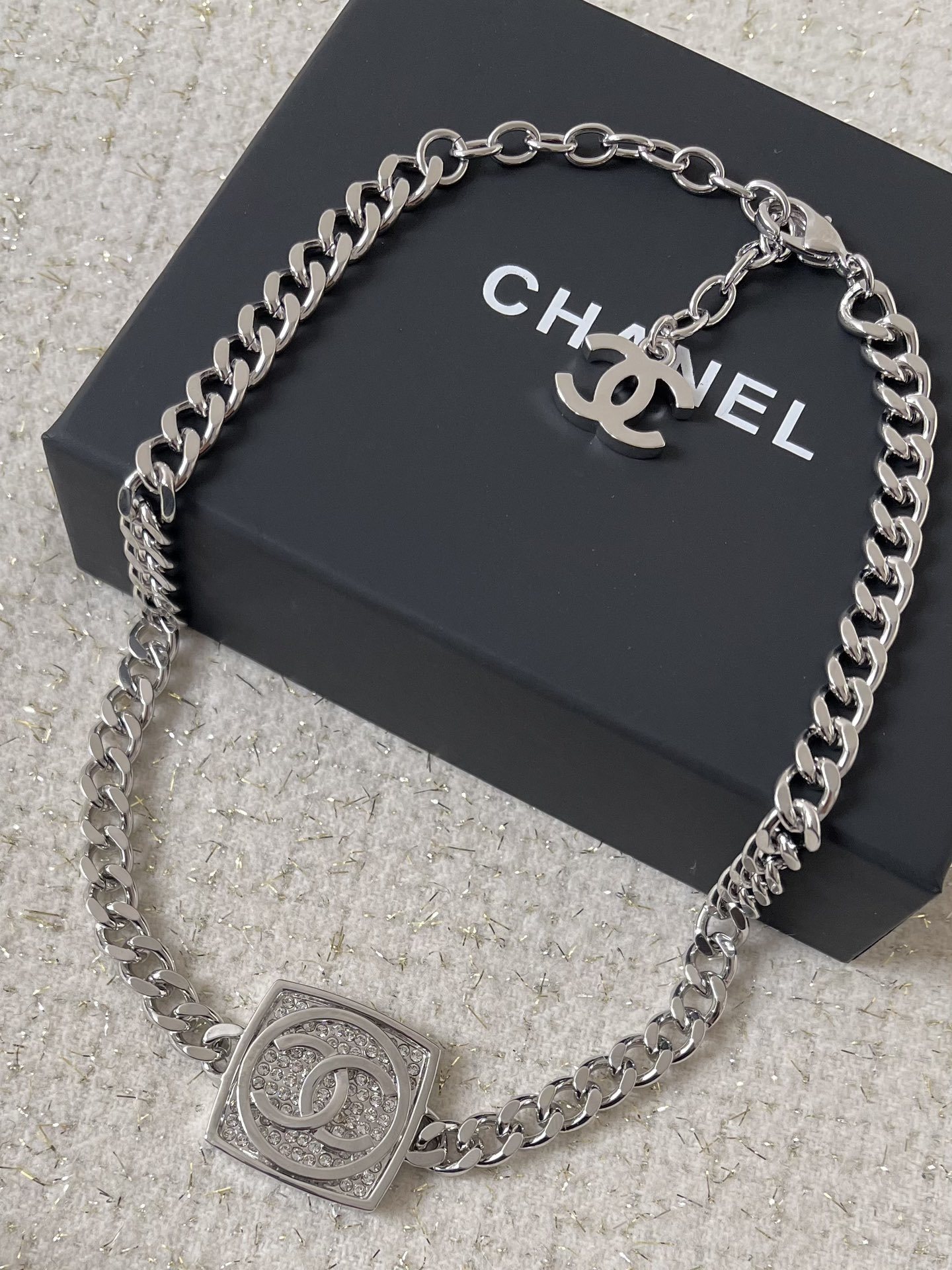 Luxury Silver Curb Chain Choker with Square Crystal Logo Pendant