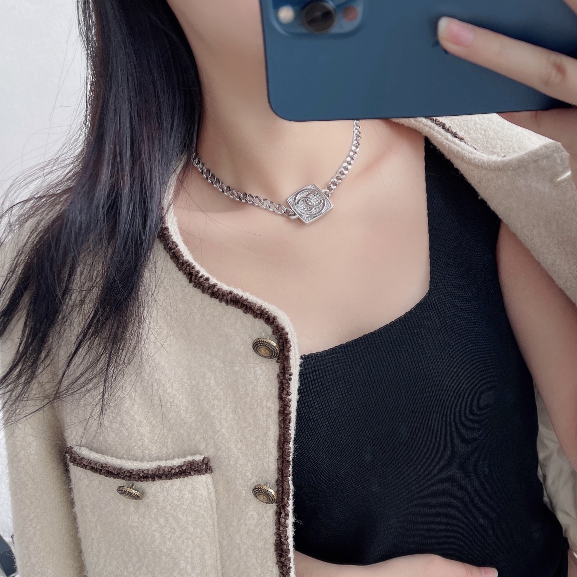 Luxury Silver Curb Chain Choker with Square Crystal Logo Pendant