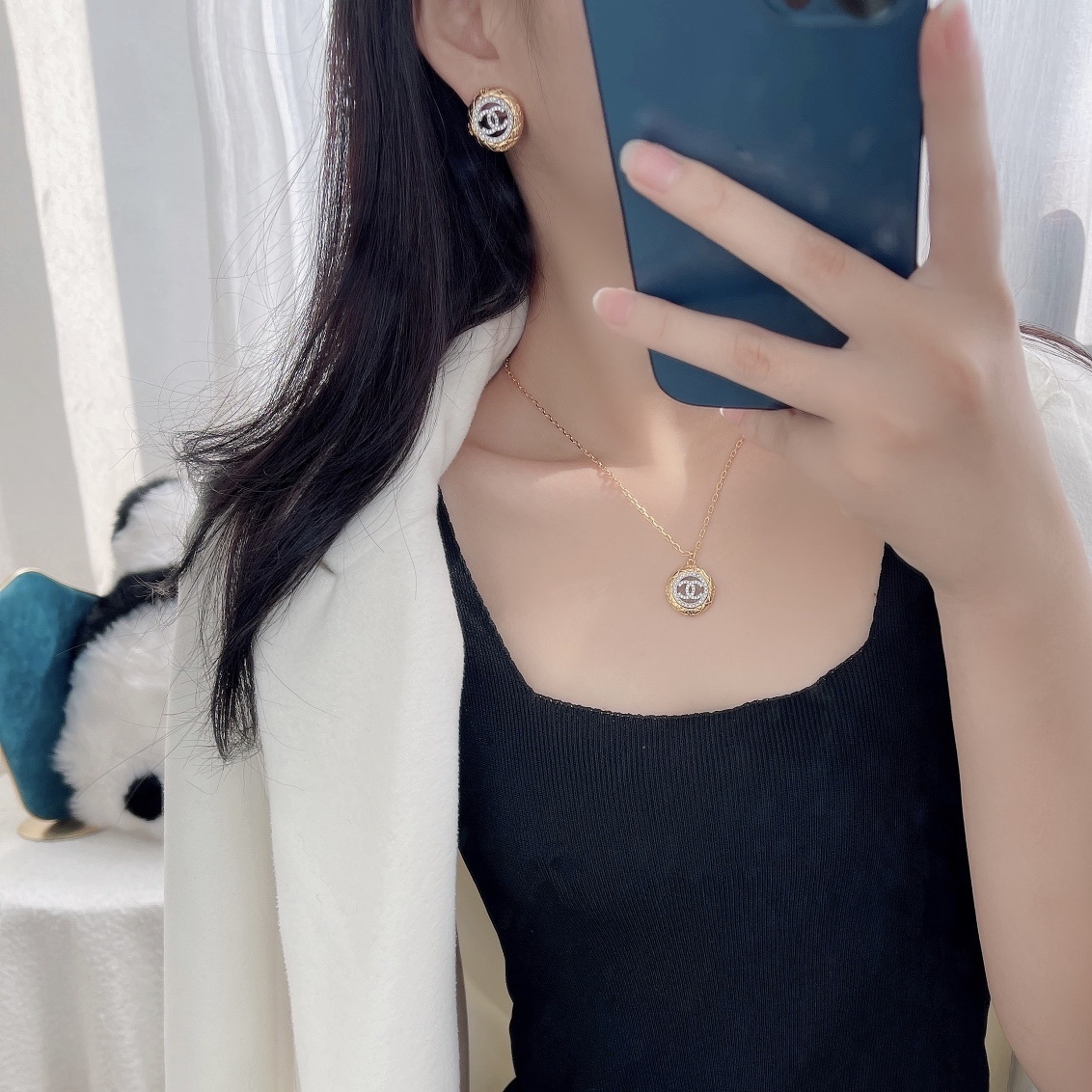 Elegant Gold Double C Crystal Necklace and Earrings Jewelry Set