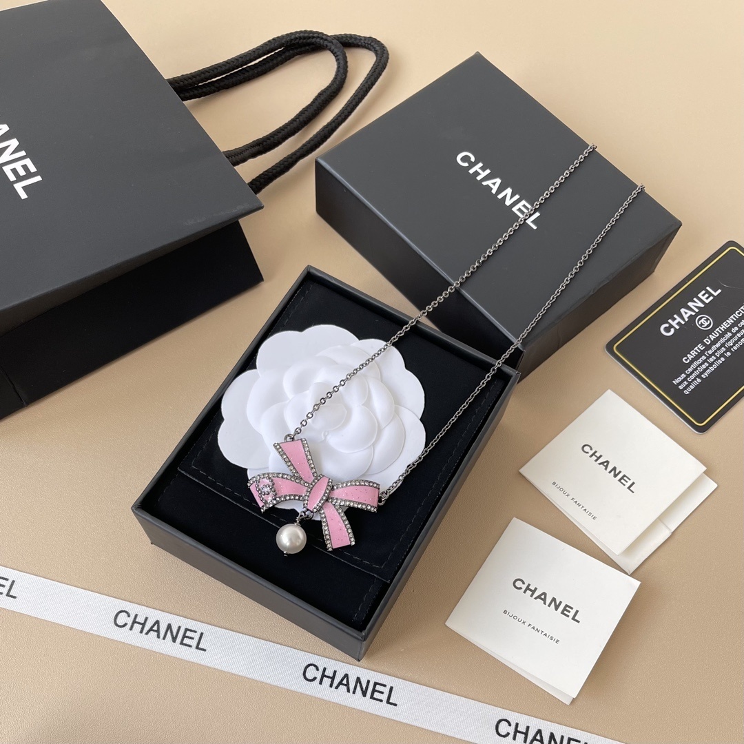 Luxury Pink Bow Crystal Necklace & Earrings Set with Pearl Drop