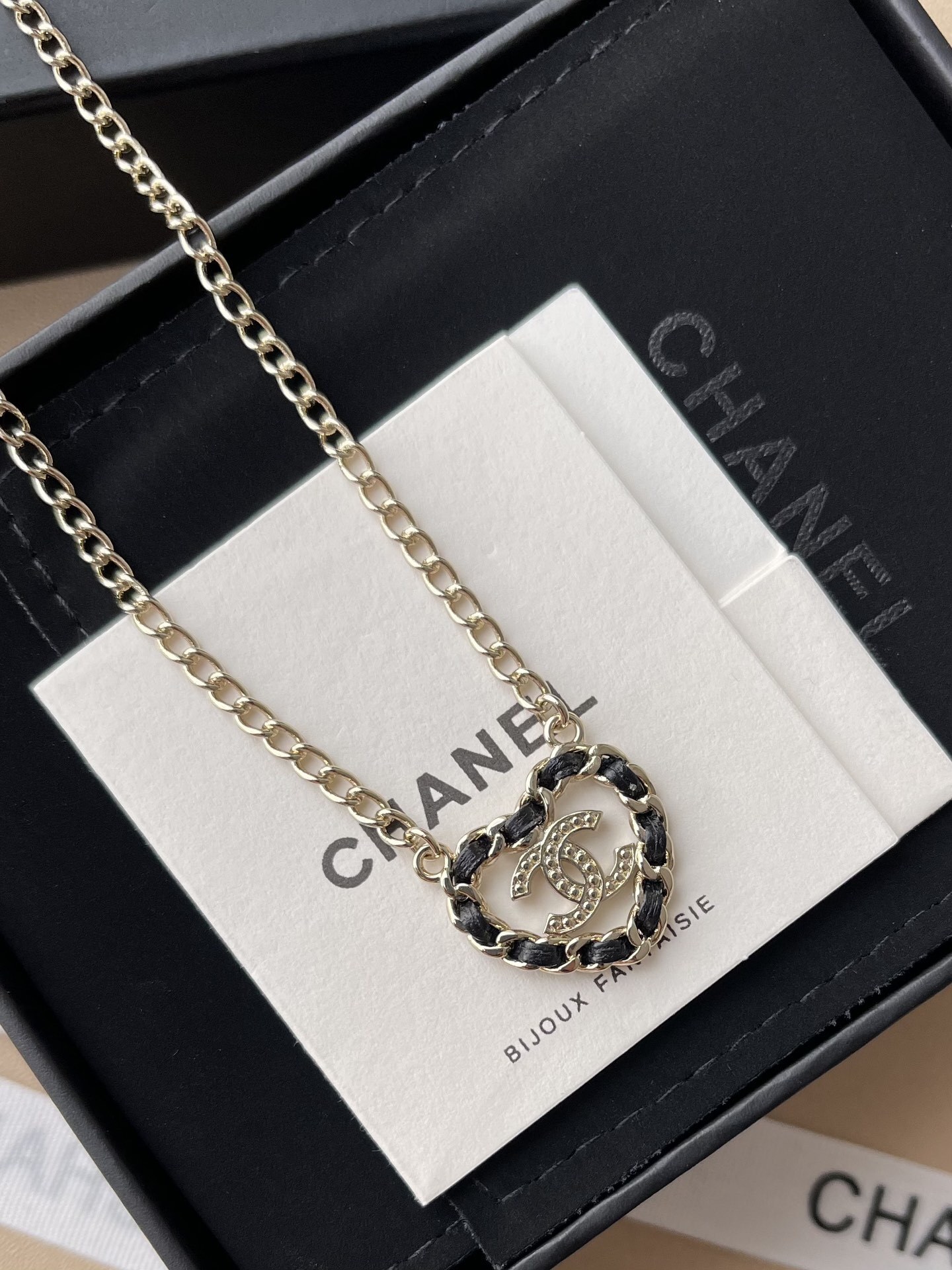Chanel CC Heart Pendant Necklace - Gold Metal & Black Calfskin