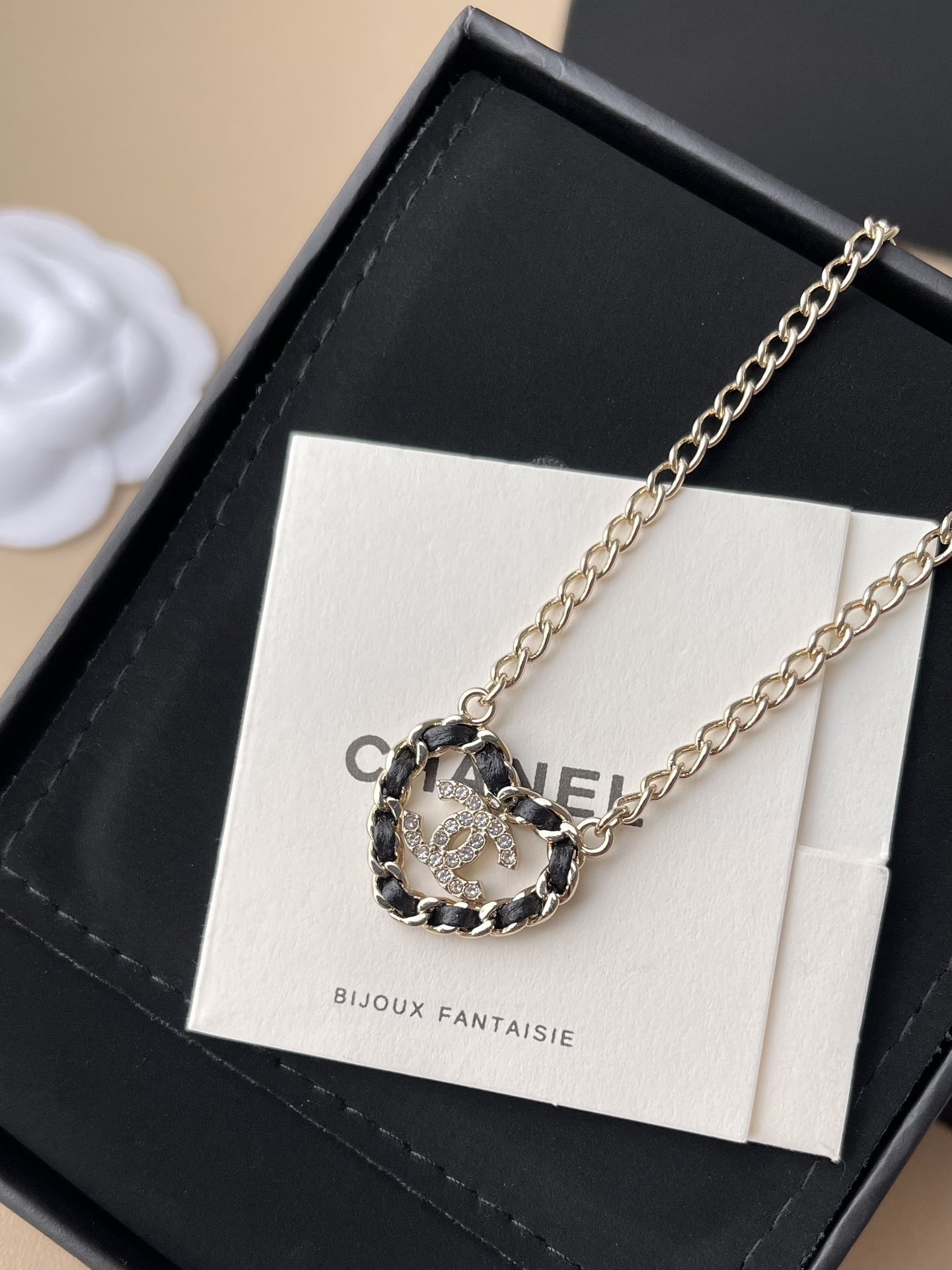 Chanel CC Heart Pendant Necklace - Gold Metal & Black Calfskin