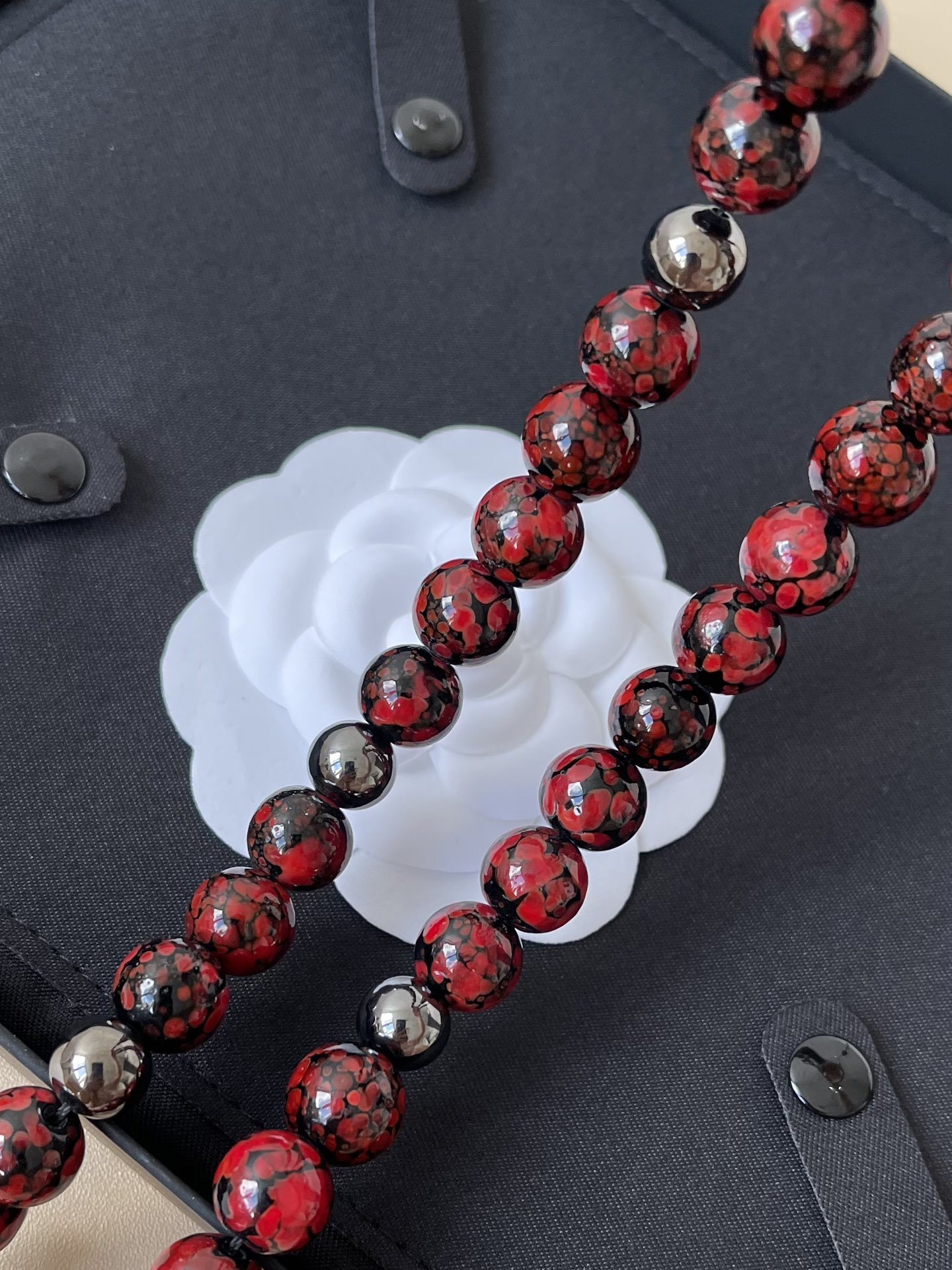 Elegant Long Red & Black Marbled Bead Necklace with Crystal CC Charms