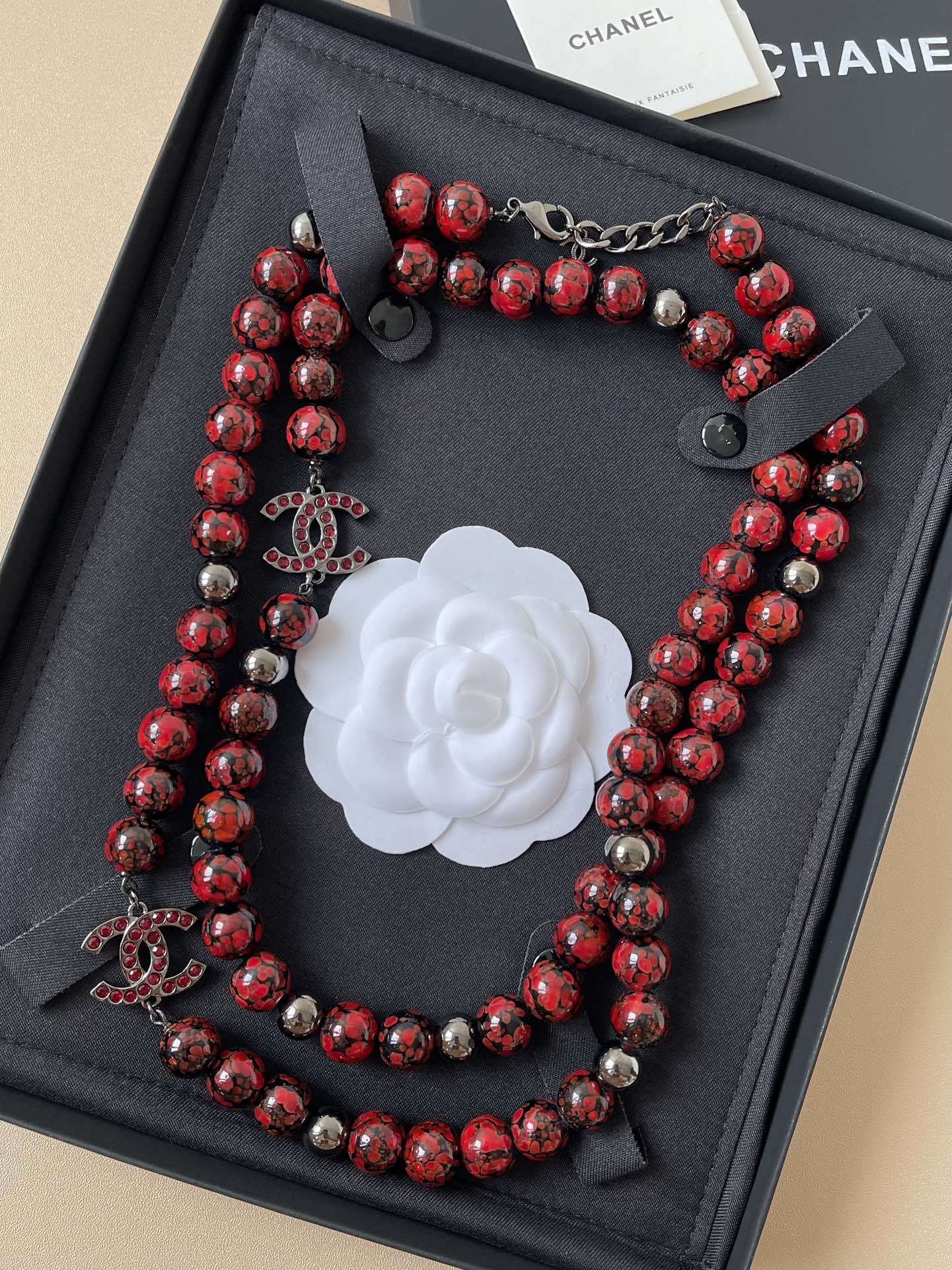 Elegant Long Red & Black Marbled Bead Necklace with Crystal CC Charms