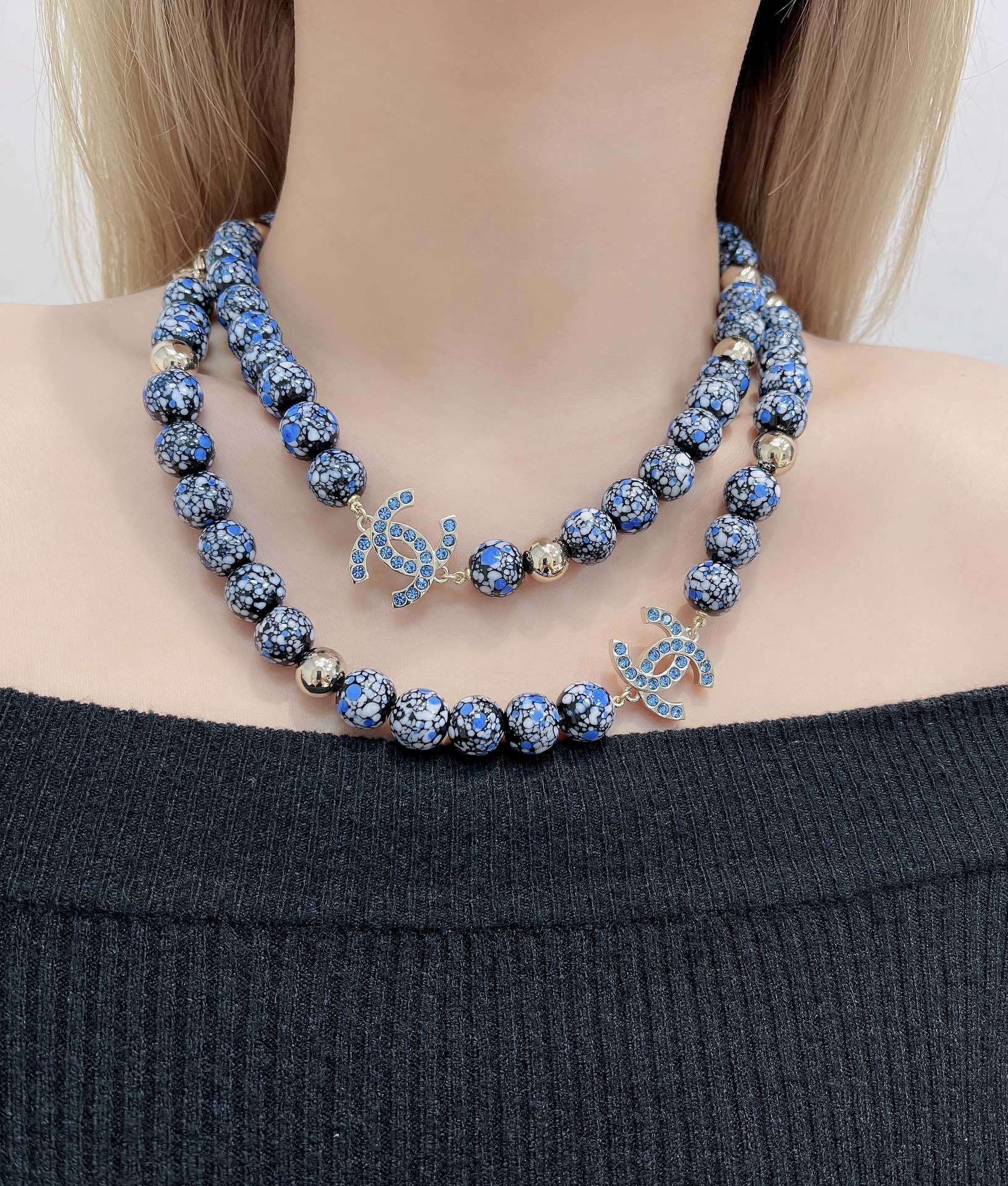 Chanel Blue Marble Bead Long Necklace with Crystal CC Logo