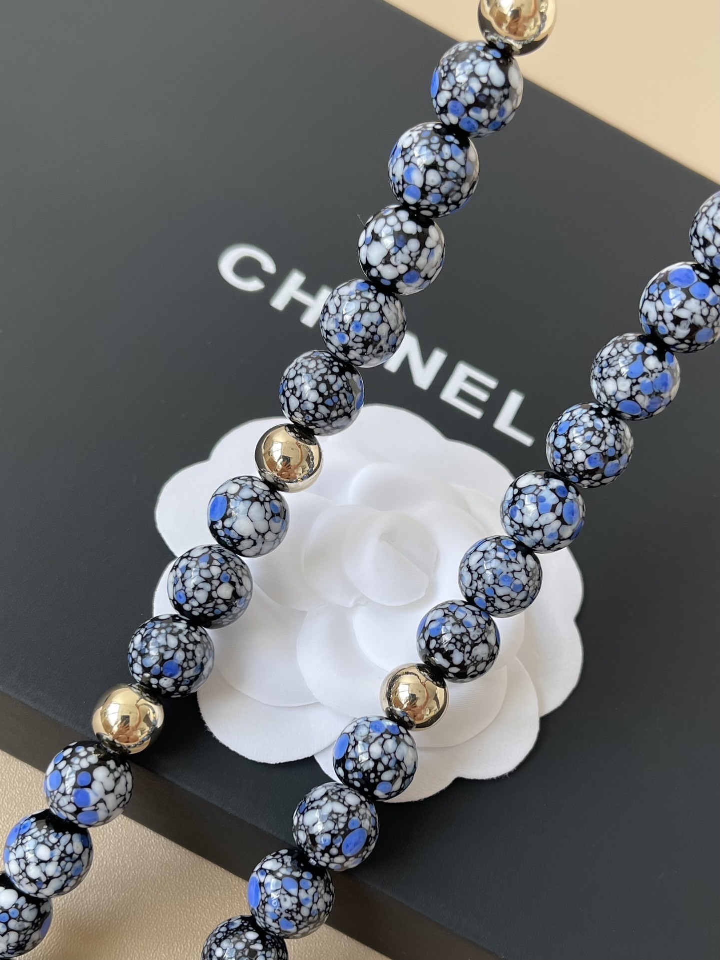 Chanel Blue Marble Bead Long Necklace with Crystal CC Logo