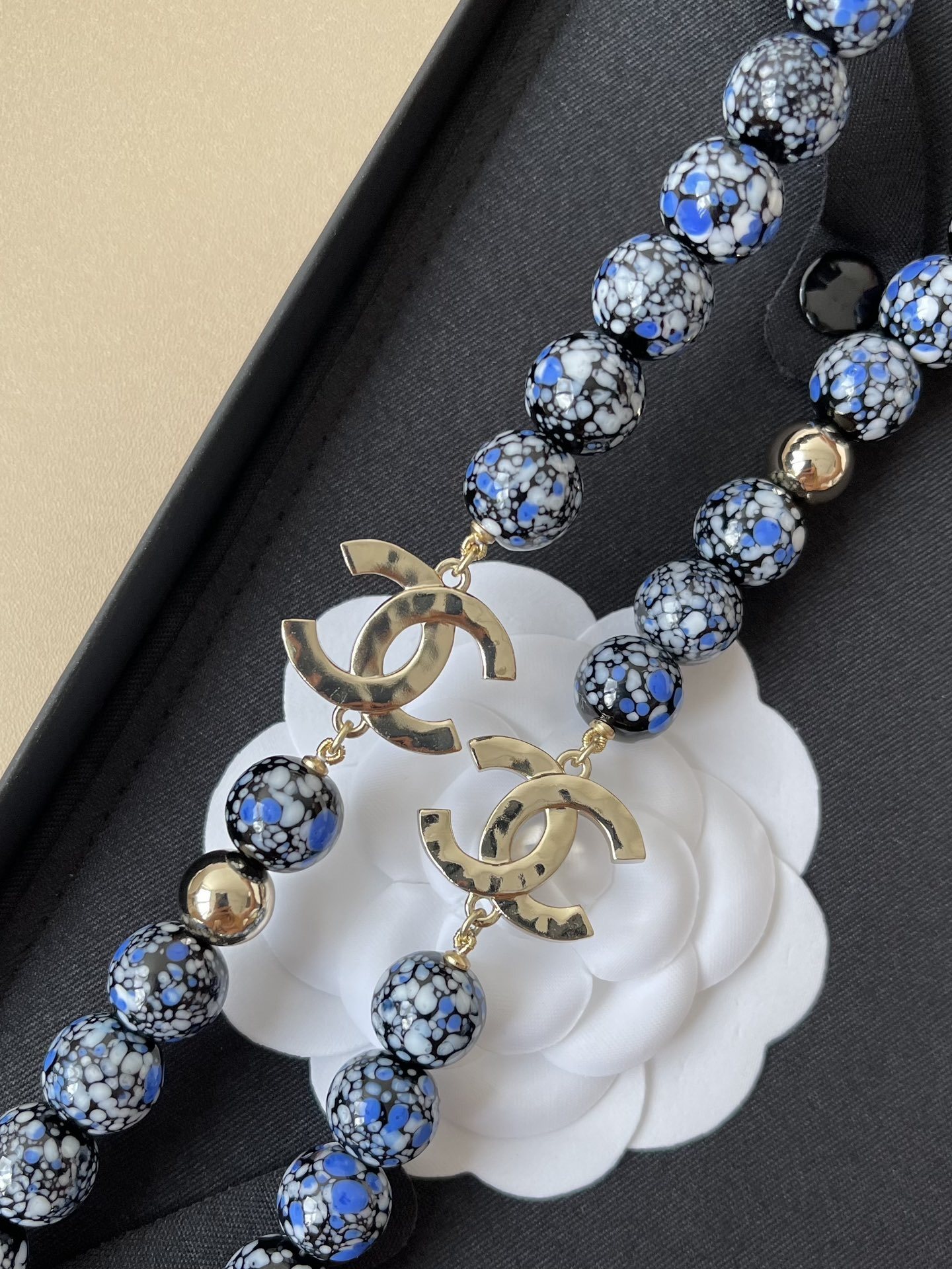 Chanel Blue Marble Bead Long Necklace with Crystal CC Logo
