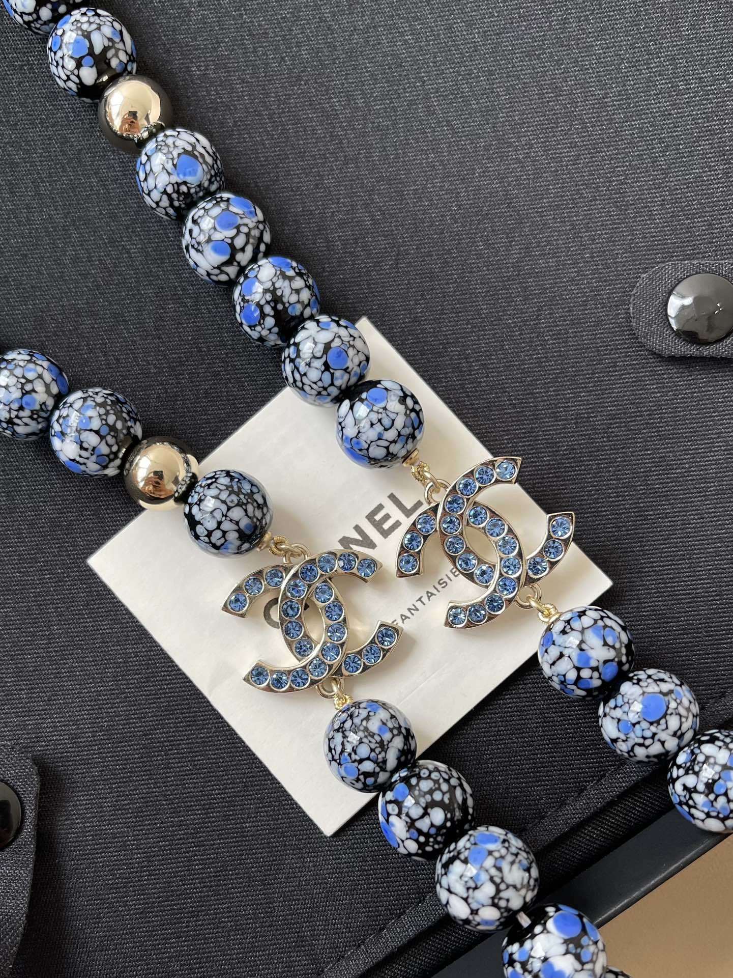Chanel Blue Marble Bead Long Necklace with Crystal CC Logo