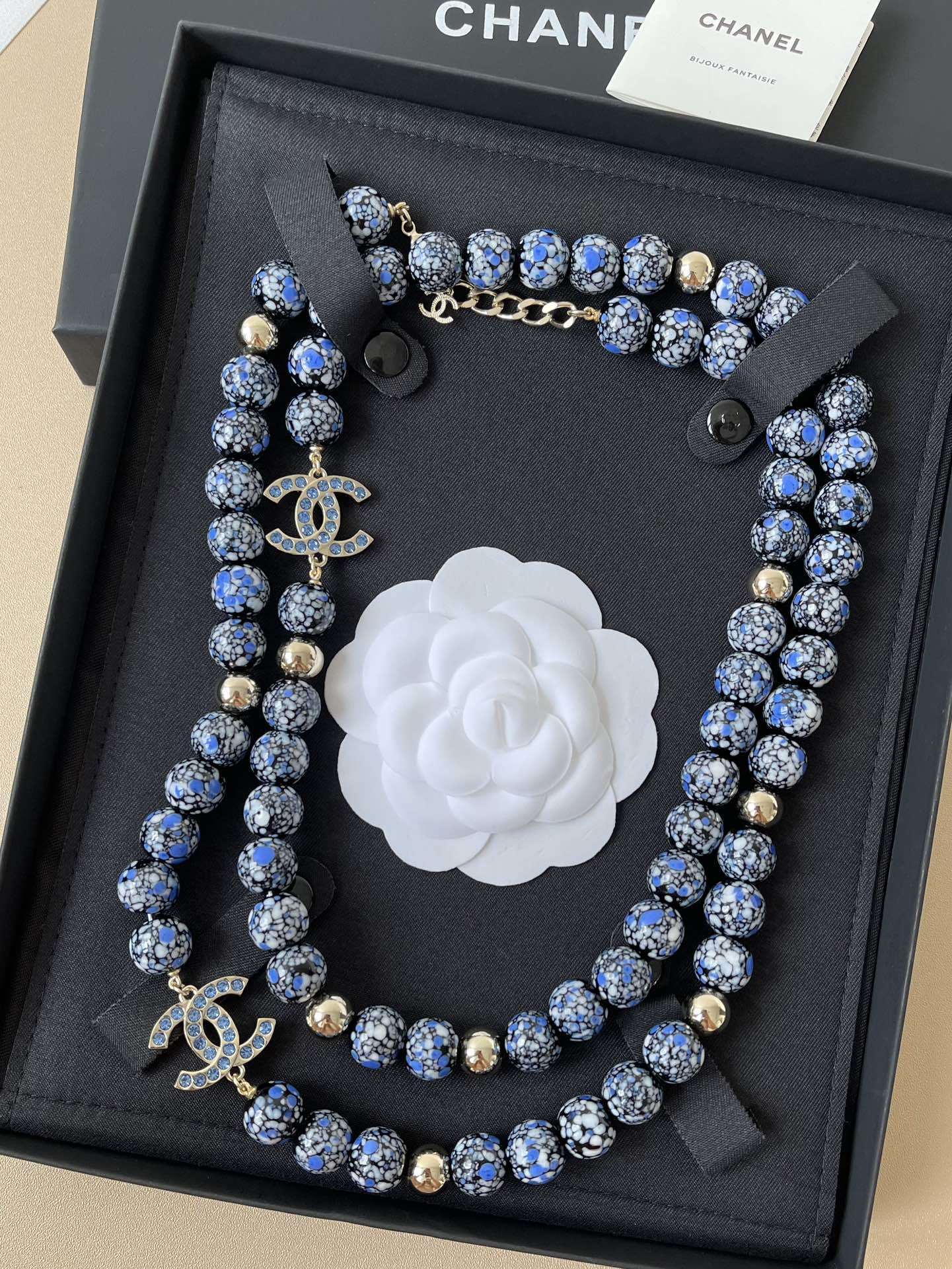 Chanel Blue Marble Bead Long Necklace with Crystal CC Logo