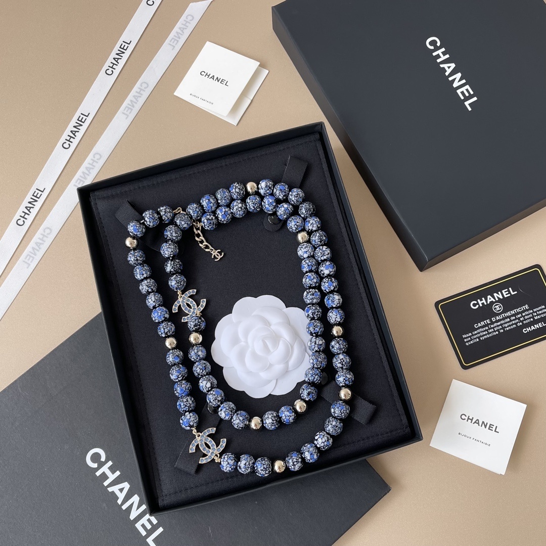 Chanel Blue Marble Bead Long Necklace with Crystal CC Logo