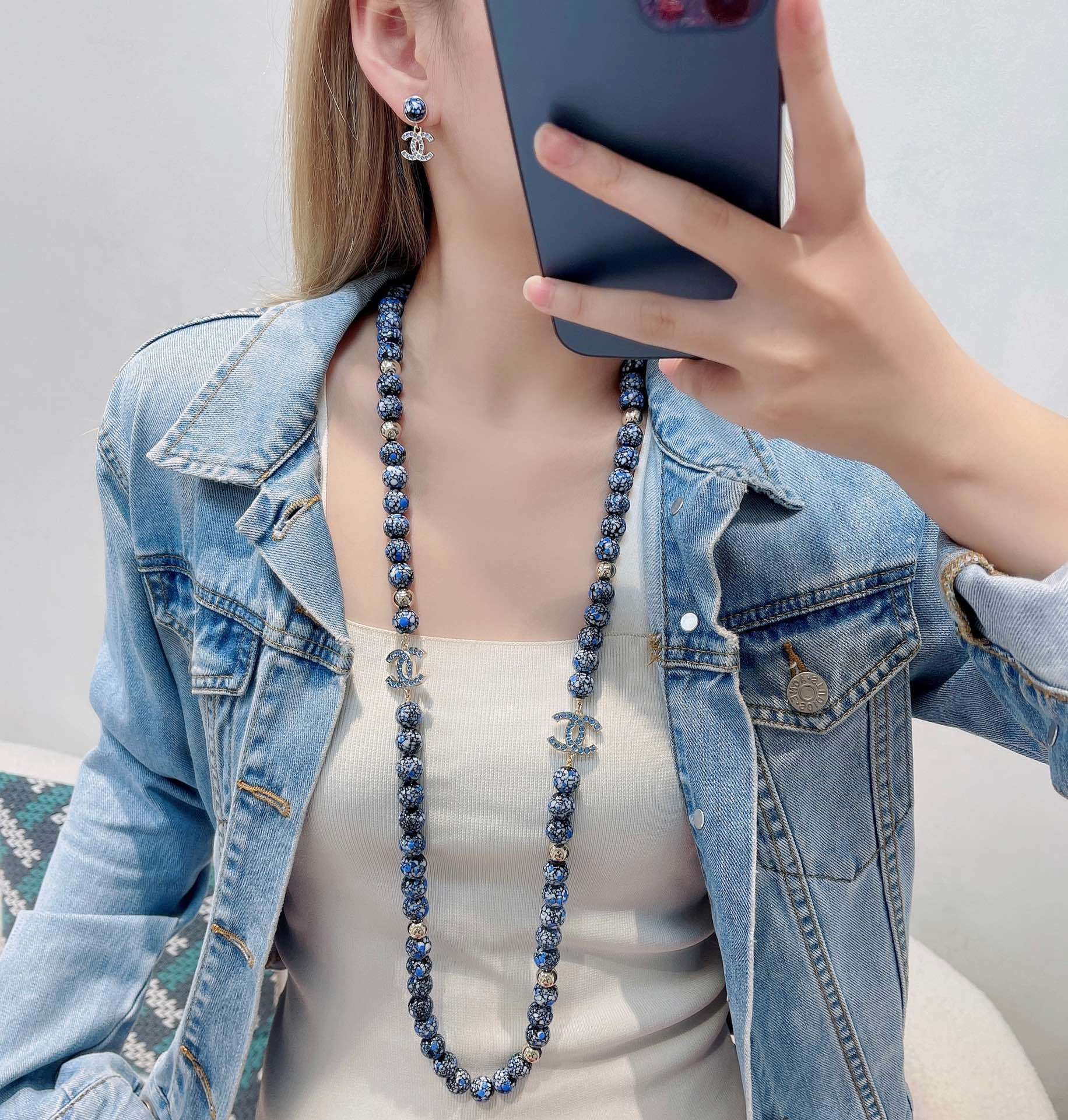 Chanel Blue Marble Bead Long Necklace with Crystal CC Logo