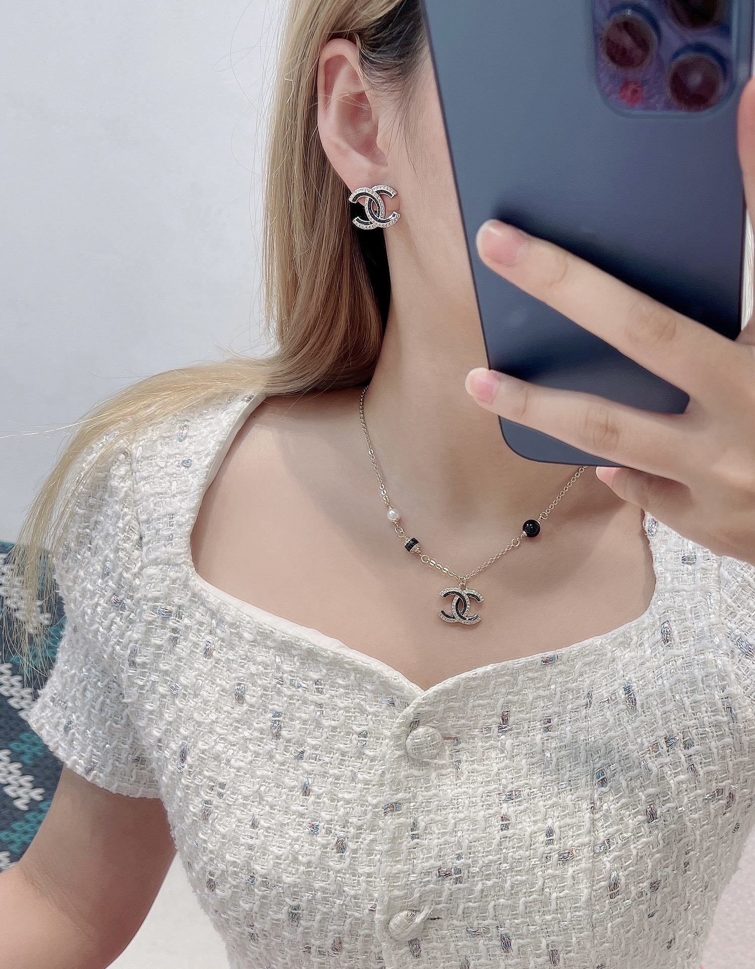 Luxury Chanel CC Pendant Necklace & Stud Earrings Jewelry Set