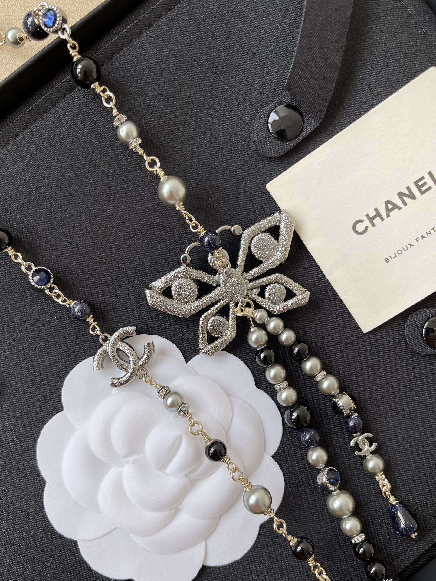 Chanel Butterfly Crystal & Pearl Long Necklace Jewelry Collection