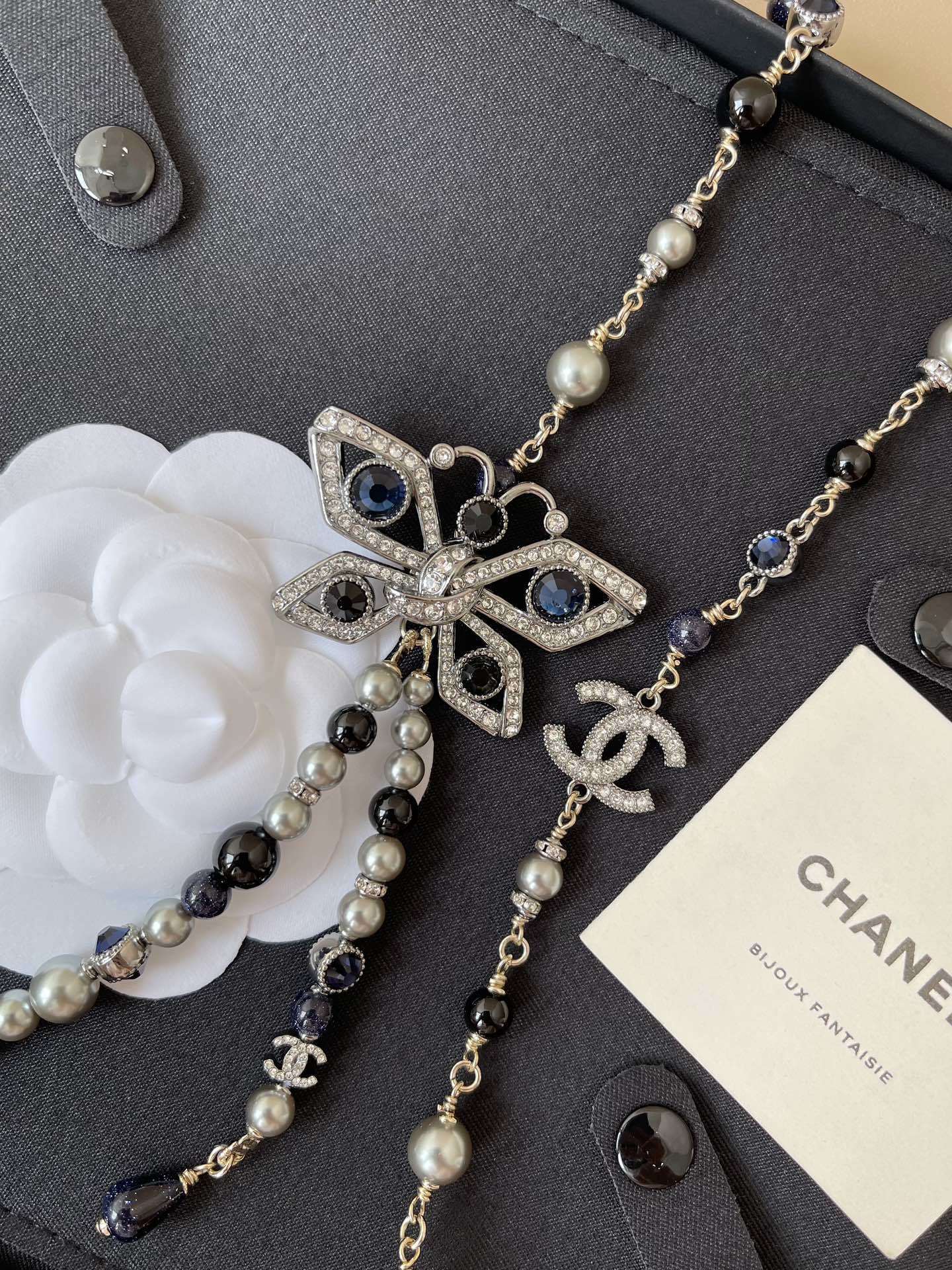 Chanel Butterfly Crystal & Pearl Long Necklace Jewelry Collection