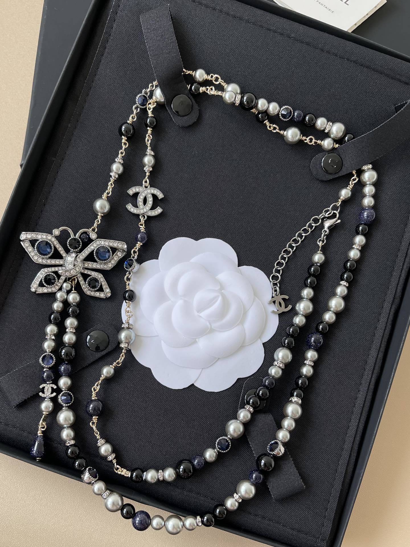 Chanel Butterfly Crystal & Pearl Long Necklace Jewelry Collection