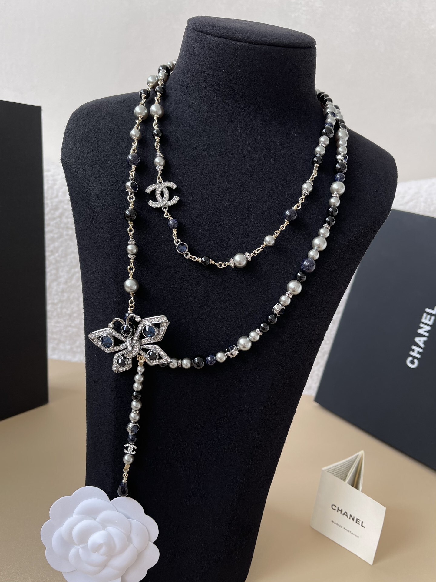 Chanel Butterfly Crystal & Pearl Long Necklace Jewelry Collection