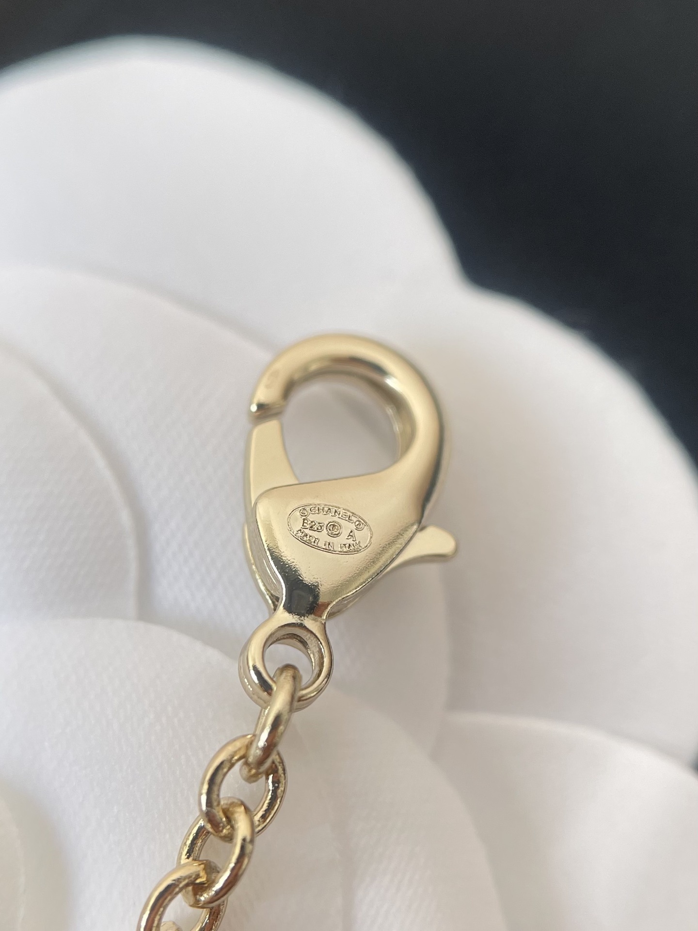 Chanel Camellia Floral Enamel Necklace with Pearl Drops & CC Logo