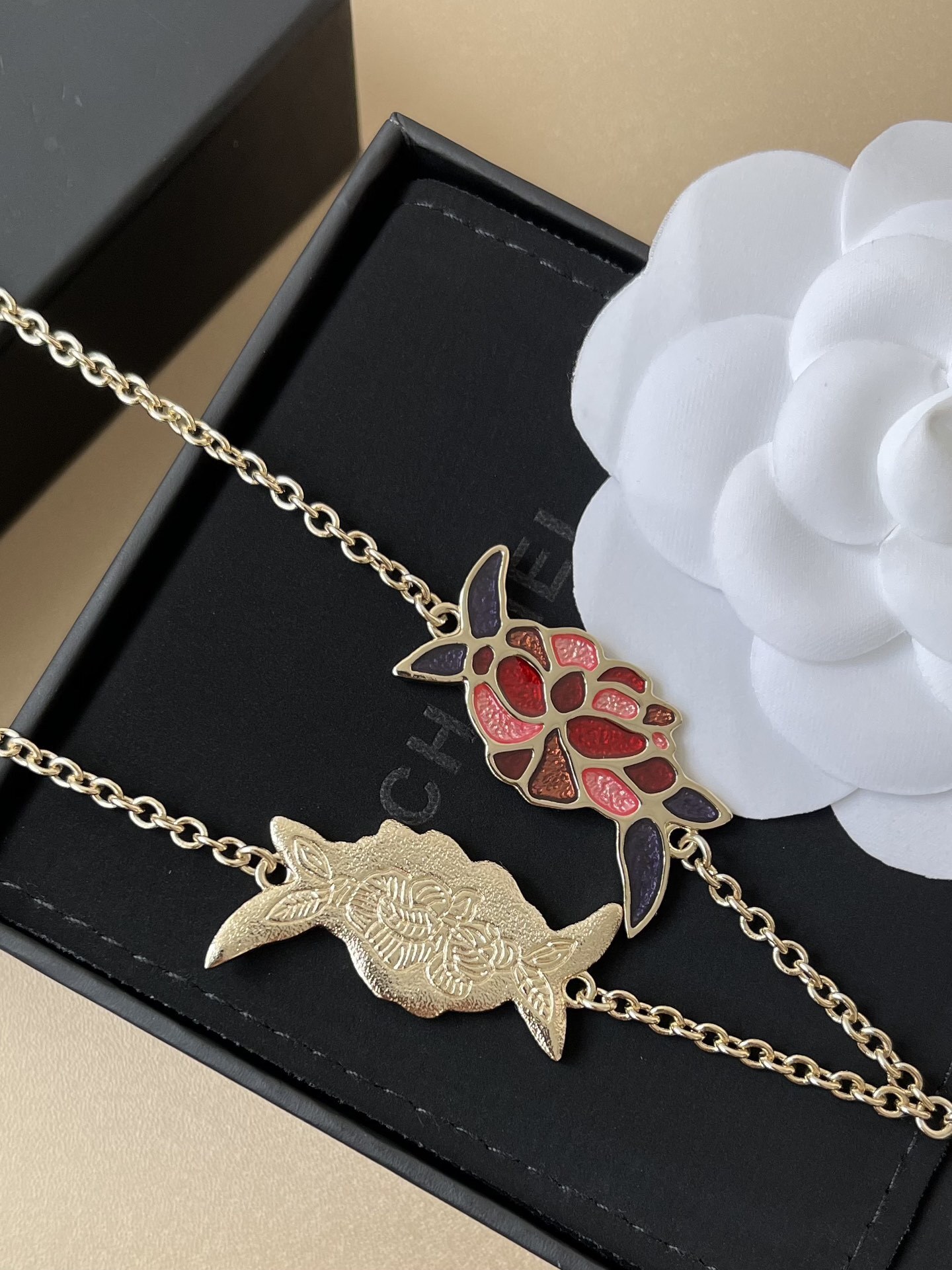 Chanel Camellia Floral Enamel Necklace with Pearl Drops & CC Logo