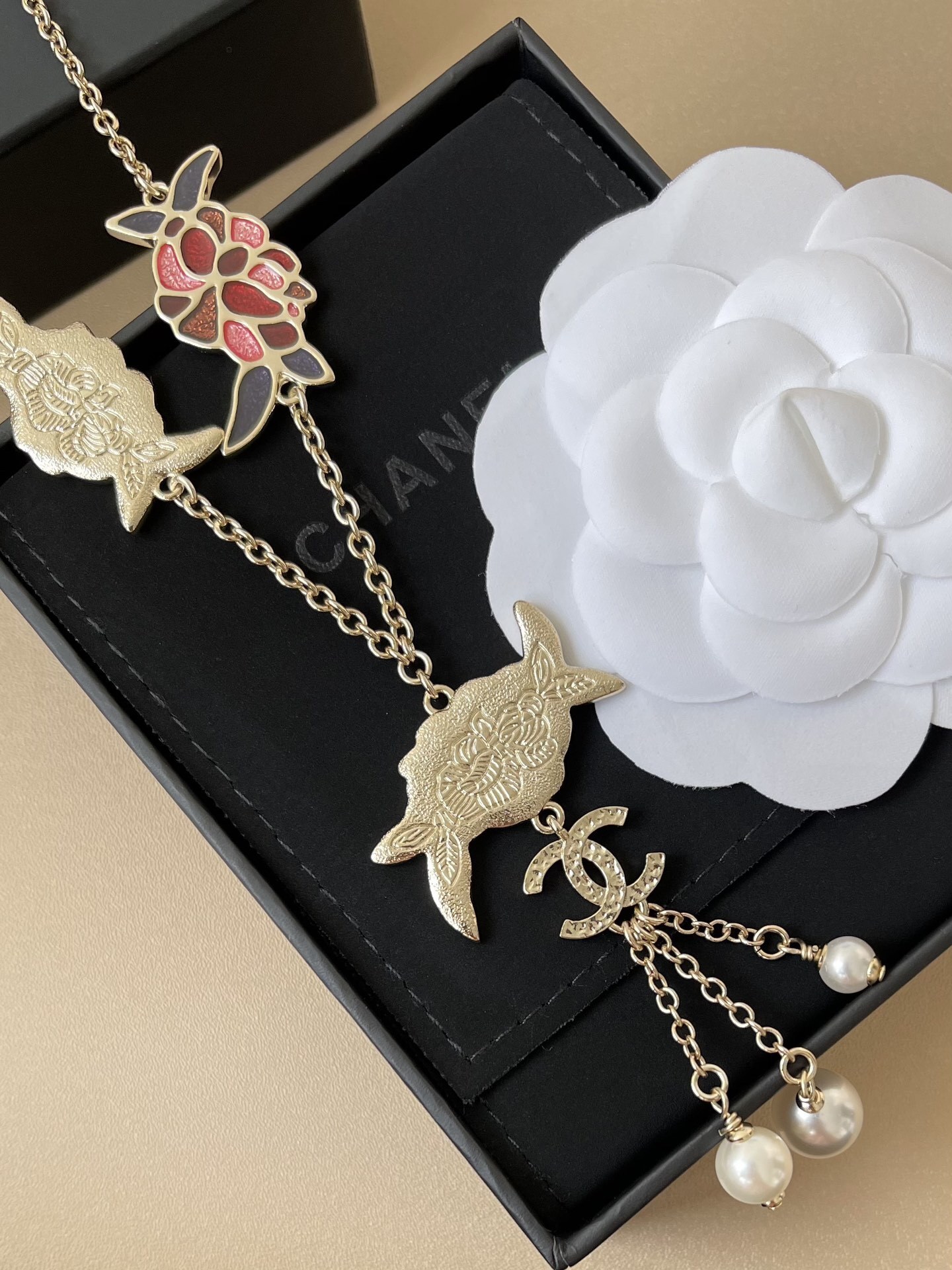 Chanel Camellia Floral Enamel Necklace with Pearl Drops & CC Logo