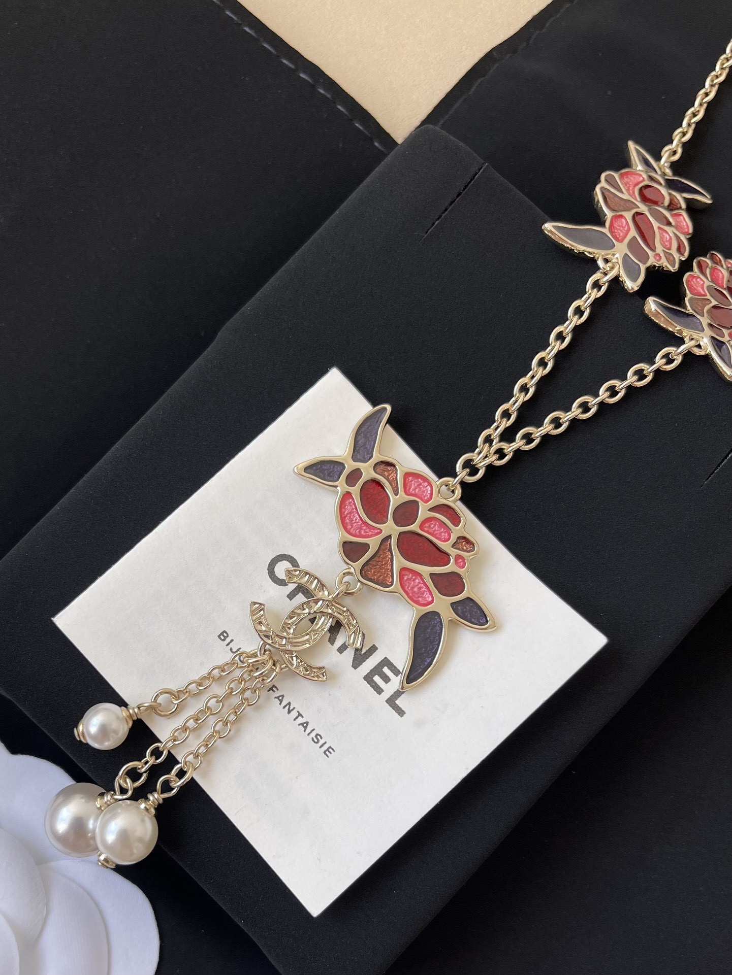 Chanel Camellia Floral Enamel Necklace with Pearl Drops & CC Logo