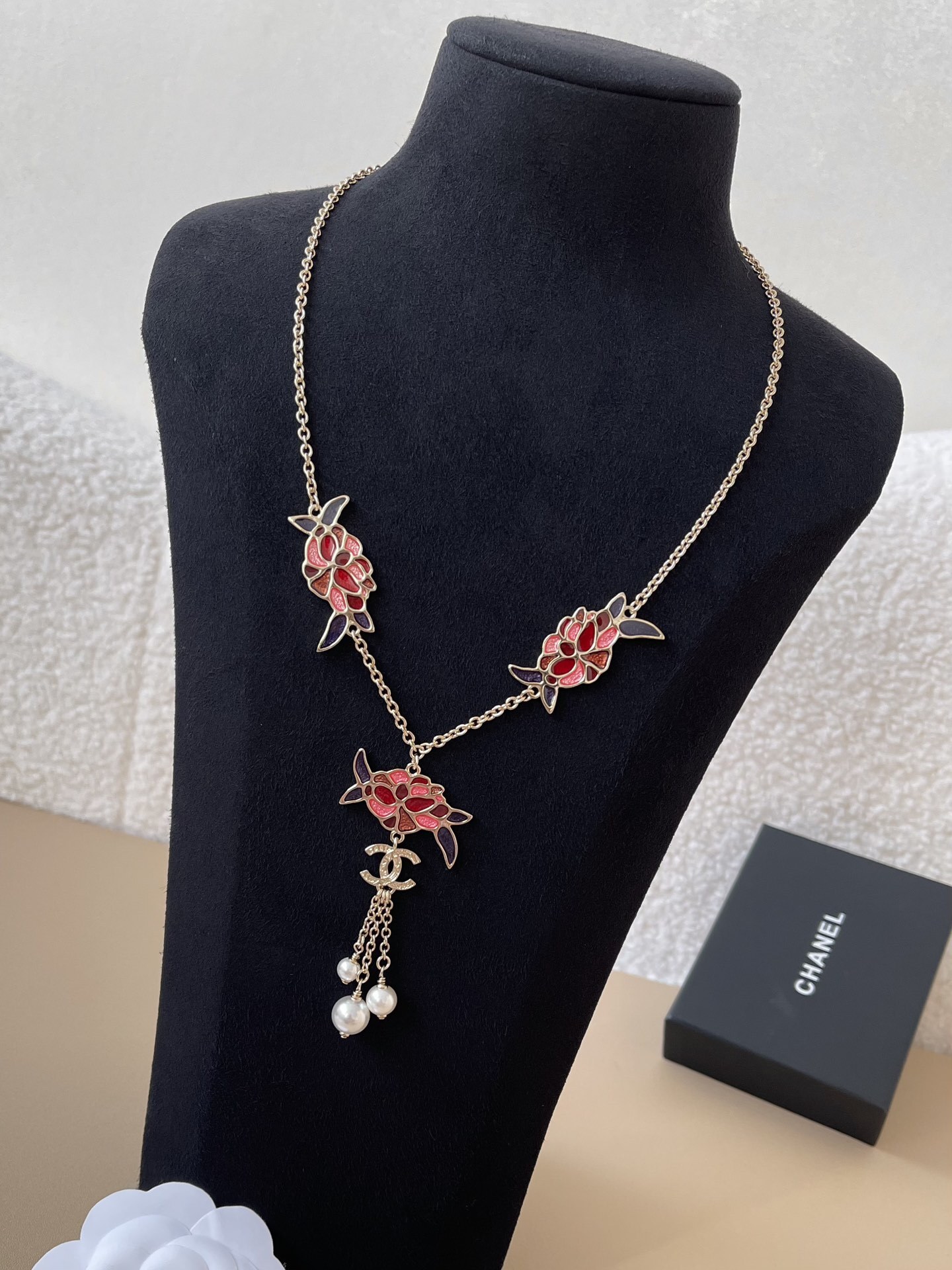 Chanel Camellia Floral Enamel Necklace with Pearl Drops & CC Logo