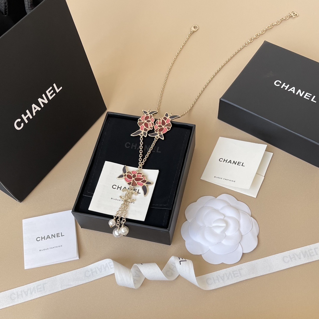 Chanel Camellia Floral Enamel Necklace with Pearl Drops & CC Logo