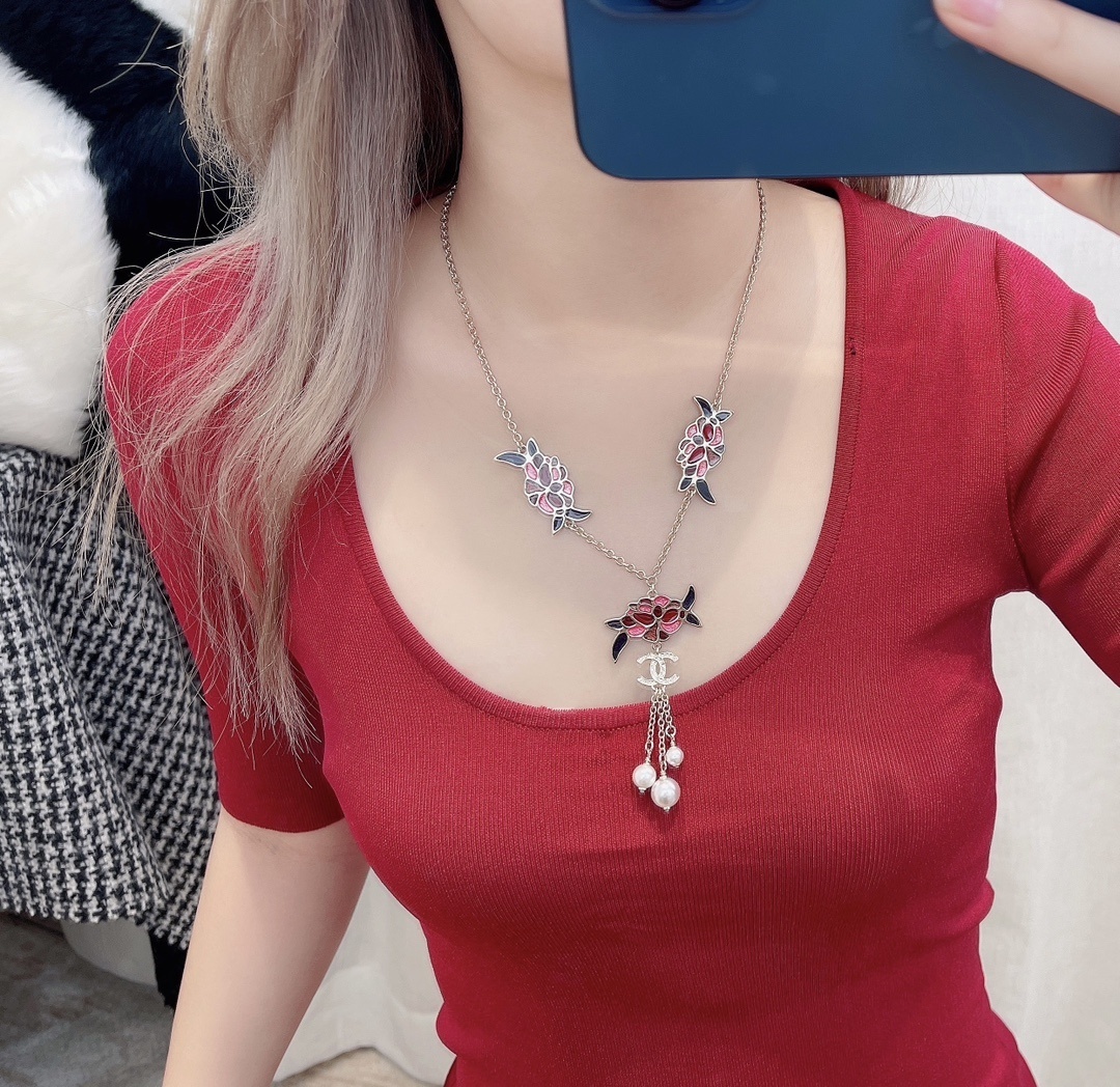 Chanel Camellia Floral Enamel Necklace with Pearl Drops & CC Logo
