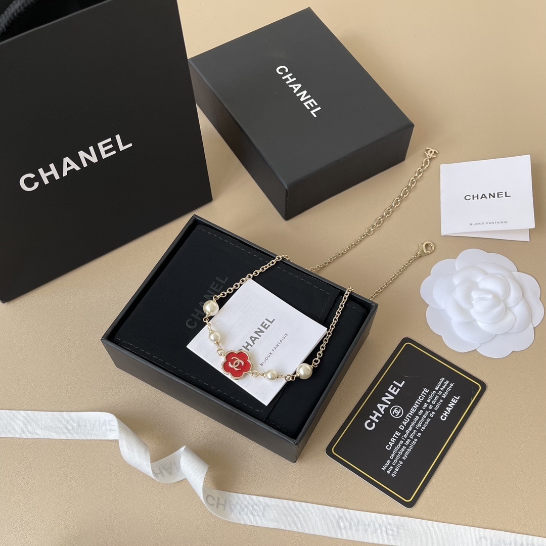 Chanel Red Camellia Pearl Necklace - Elegant CC Logo Gold Jewelry